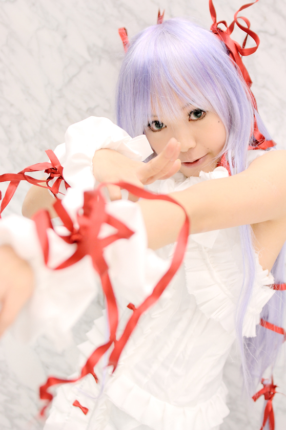 kipi-san, al azif (demonbane), demonbane, photo (medium), 1girl, al azif (cosplay), asian, cosplay, cuffs, dress, female focus, frills, hair ribbon, looking at viewer, purple hair, ribbon, solo