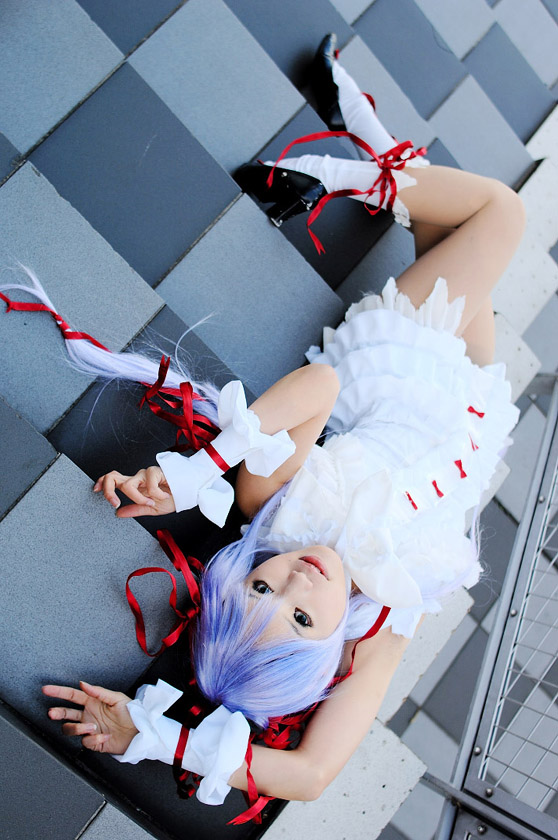 kipi-san, al azif (demonbane), demonbane, photo (medium), 1girl, al azif (cosplay), asian, cosplay, cuffs, dress, female focus, frills, hair ribbon, looking at viewer, purple hair, ribbon, socks, solo
