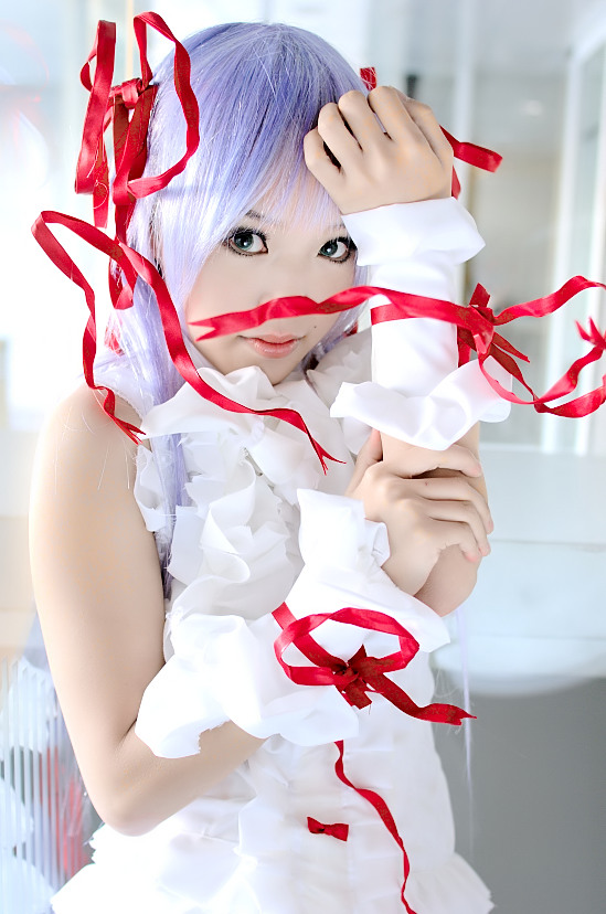 kipi-san, al azif (demonbane), demonbane, photo (medium), 1girl, al azif (cosplay), asian, cosplay, cuffs, dress, female focus, frills, hair ribbon, looking at viewer, purple hair, ribbon, solo
