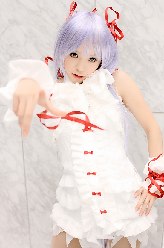 kipi-san, al azif (demonbane), demonbane, photo (medium), 1girl, al azif (cosplay), asian, cosplay, dress, female focus, frills, hair ribbon, looking at viewer, pointing, pointing at viewer, purple hair, ribbon, solo, wrist cuffs