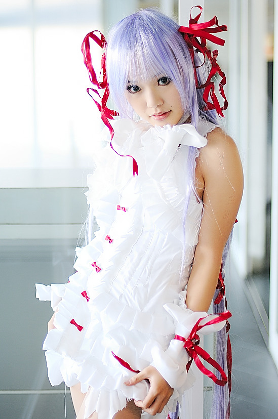 kipi-san, al azif (demonbane), demonbane, photo (medium), 1girl, al azif (cosplay), asian, cosplay, dress, female focus, frills, hair ribbon, purple hair, ribbon, solo, wrist cuffs