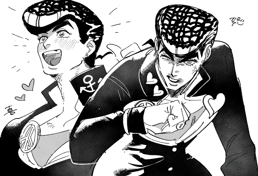 tirauraja, higashikata josuke, diamond wa kudakenai, jojo no kimyou na bouken, commentary request, 1boy, anger vein, arm up, aura, blush, collared jacket, earrings, eyelashes, gakuran, greyscale, heart, jacket, jewelry, long sleeves, male focus, monochrome, multiple views, one eye closed, open clothes, open jacket, open mouth, peace symbol, piercing, pompadour, popped collar, school uniform, shirt, sketch, smile, stud earrings, teeth, thick eyebrows, tongue, upper teeth only, zipper pull tab
