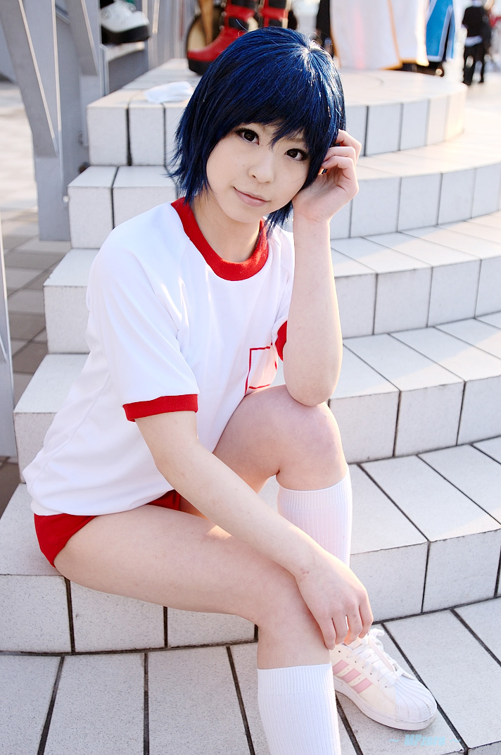 katou mari, photo (medium), blue hair, cosplay, gym uniform, socks