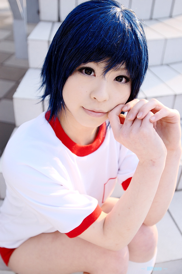 katou mari, photo (medium), blue hair, cosplay, gym uniform