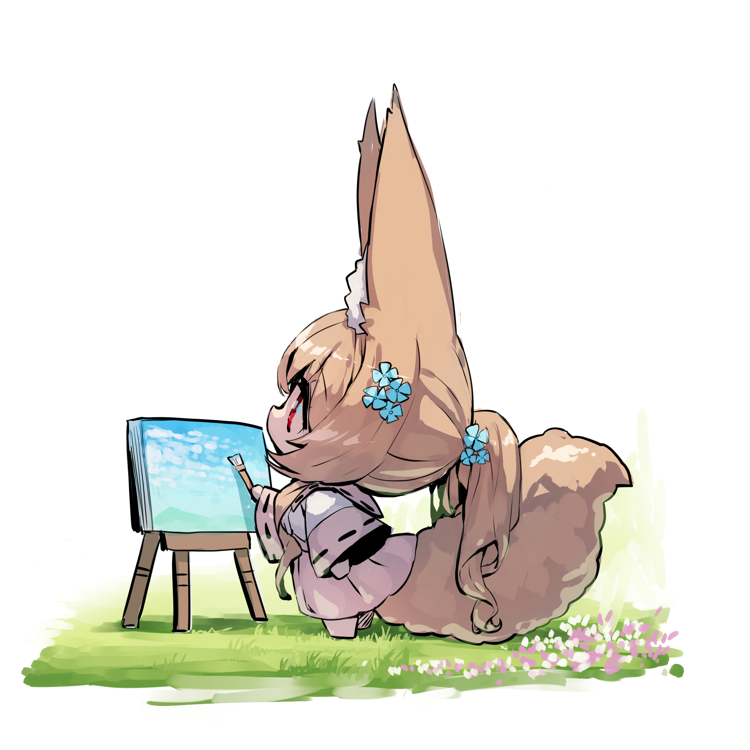 yuuji (yukimimi), original, absurdres, commentary request, highres, 1girl, animal ear fluff, animal ears, barefoot, blue flower, brown hair, canvas (object), chibi, easel, flower, fox ears, fox girl, fox tail, from side, full body, grass, hair flower, hair ornament, holding, holding paintbrush, long hair, long sleeves, paintbrush, painting (object), pink flower, pink skirt, pleated skirt, ponytail, profile, red eyes, ribbon-trimmed sleeves, ribbon trim, shirt, simple background, skirt, solo, standing, tail, very long hair, white background, white flower, white shirt, wide sleeves