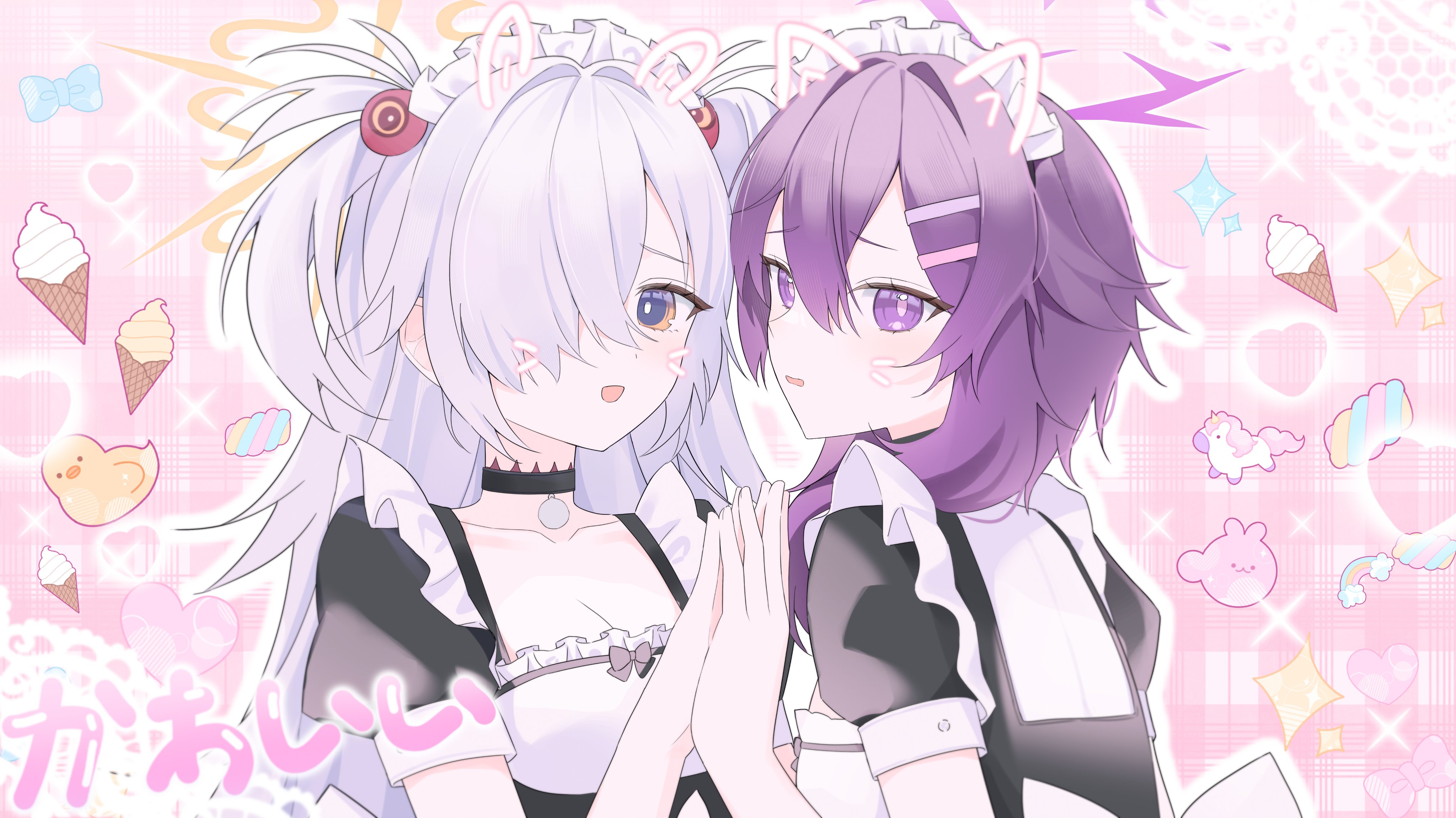 yagen (user mxur3238), haruka (blue archive), blue archive, twitter, 2girls, breasts, choker, food, grey hair, hair ornament, hairclip, ice cream, maid, maid headdress, medium breasts, multiple girls, purple eyes, purple hair, short hair, twintails, upper body