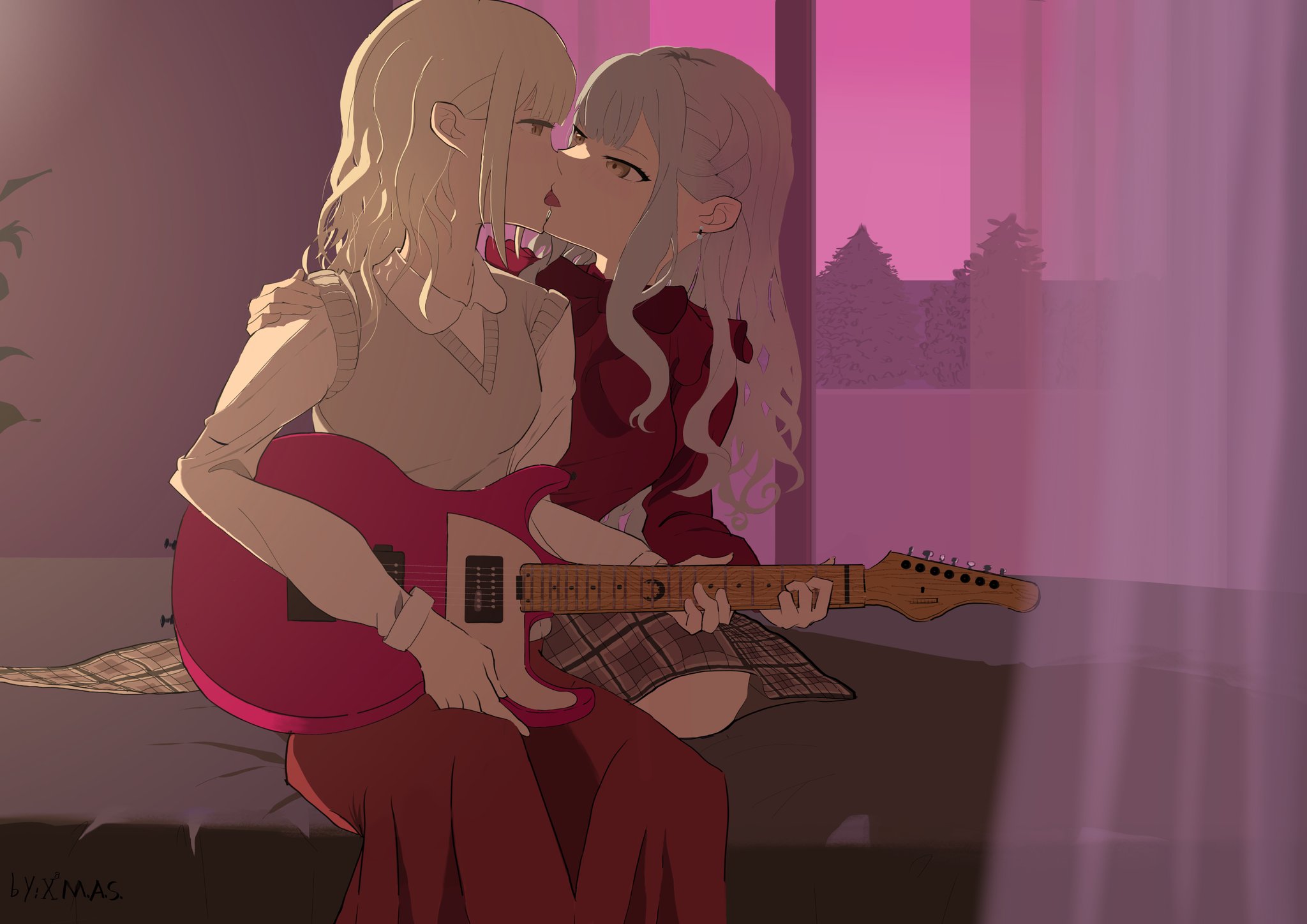 togawa sakiko, wakaba mutsumi, bang dream!, bang dream! it's mygo!!!!!, commentary, hashtag-only commentary, highres, 2girls, anqin114514, blue hair, collared shirt, earrings, electric guitar, french kiss, grey skirt, grey sweater vest, guitar, hand on another's shoulder, holding, holding guitar, holding instrument, indoors, instrument, jewelry, kiss, long hair, long sleeves, multiple girls, plaid clothes, plaid skirt, red shirt, red skirt, shirt, sitting, skirt, sweater vest, white hair, white shirt, yellow eyes, yuri