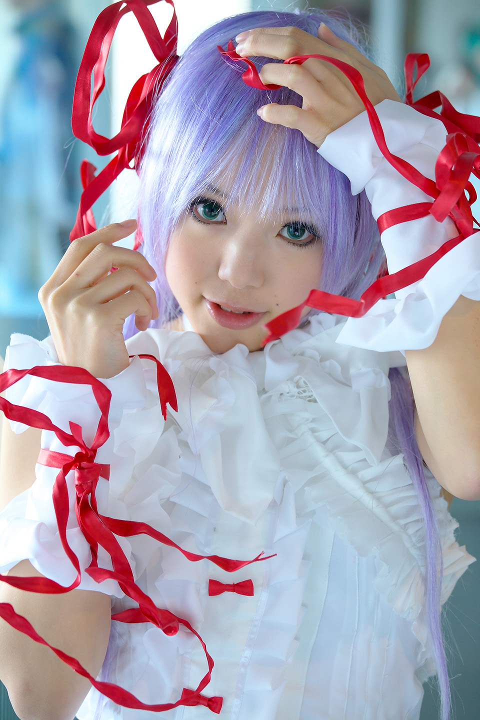 kipi-san, al azif (demonbane), demonbane, highres, photo (medium), 1girl, al azif (cosplay), asian, blue eyes, color contacts, cosplay, dress, female focus, frills, hair ribbon, looking at viewer, purple hair, ribbon, solo, wrist cuffs