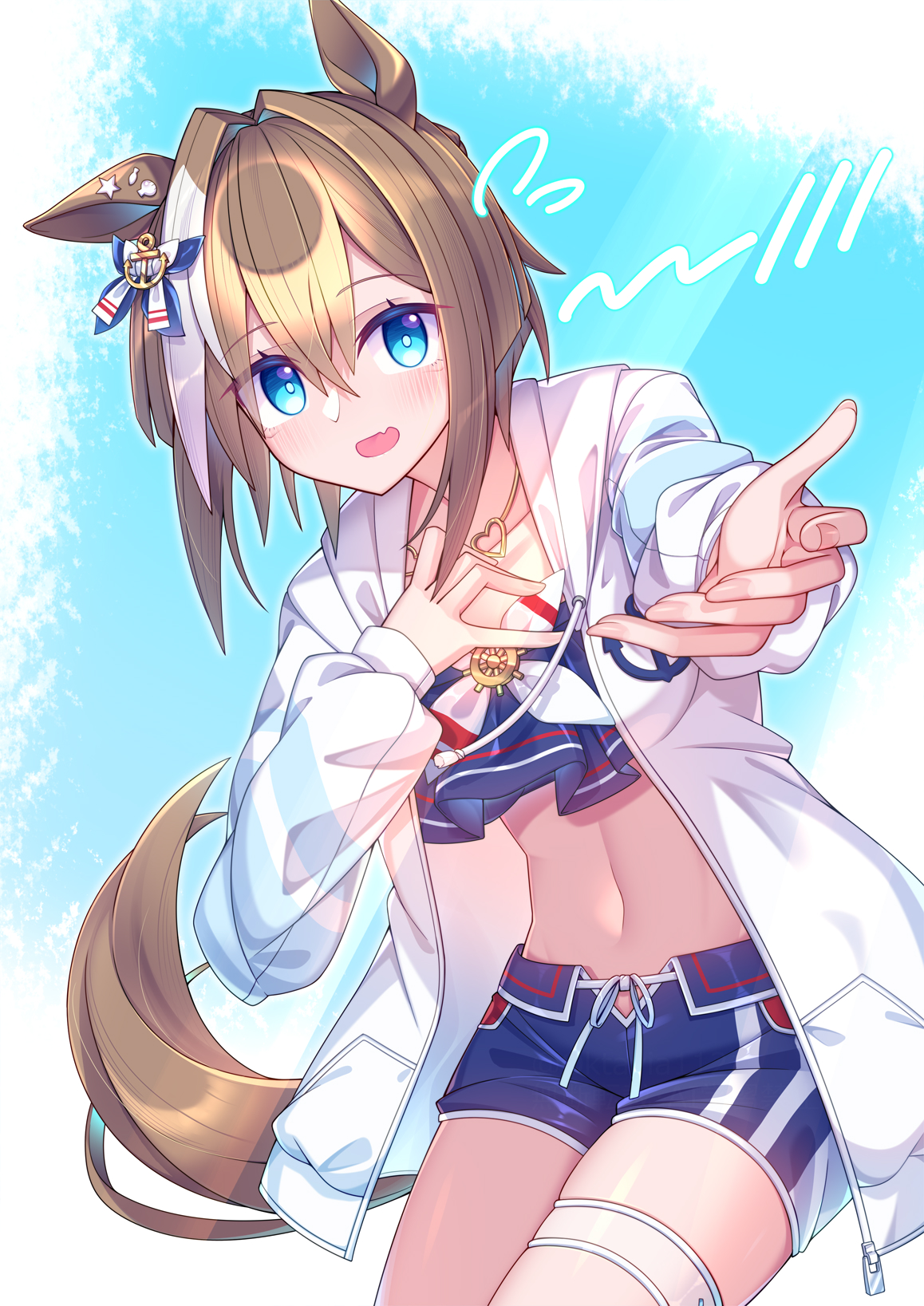 mate (oktavia1121), cheval grand (summer calm navy drop) (umamusume), cheval grand (umamusume), umamusume, commentary request, highres, 1girl, anchor hair ornament, animal ears, bikini, bikini shorts, blue bikini, blue eyes, blush, breasts, brown hair, collarbone, cowboy shot, drawstring, ear ornament, fang, frilled bikini, frills, hair between eyes, hair ornament, hand on own chest, heart, heart necklace, horse ears, horse girl, horse tail, jacket, jewelry, large breasts, long sleeves, looking at viewer, midriff, multicolored hair, navel, necklace, official alternate costume, official alternate hairstyle, open clothes, open jacket, open mouth, reaching, reaching towards viewer, ship's wheel ornament, shorts, sidelocks, skin fang, skindentation, solo, standing, streaked hair, swimsuit, tail, thigh strap, white hair, white jacket