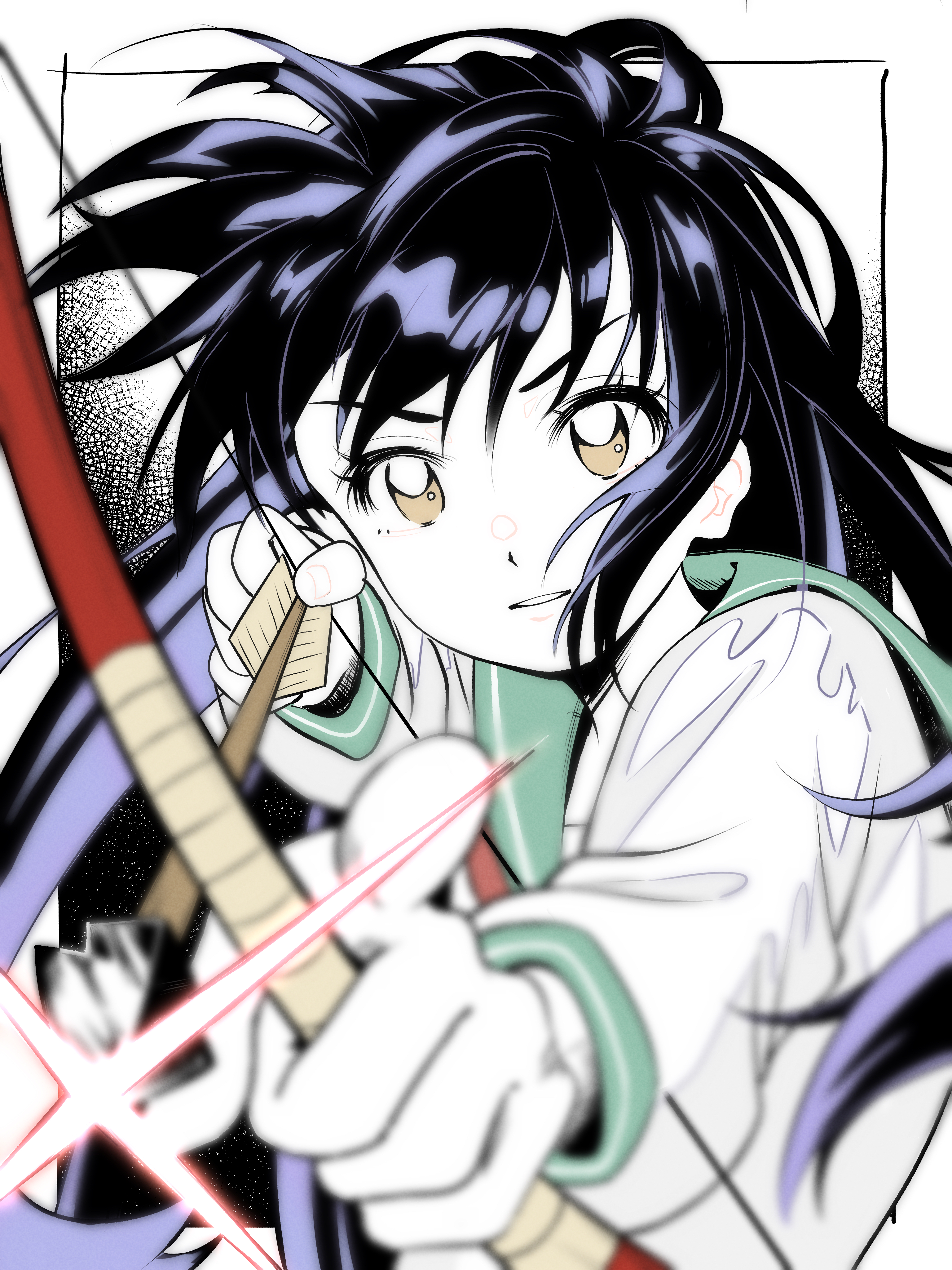 higurashi kagome, inuyasha, absurdres, highres, 1girl, aiming, arrow (projectile), black hair, blurry, bow (weapon), depth of field, foreshortening, glint, hands up, holding, holding weapon, long hair, long sleeves, outside border, parted lips, partially colored, school uniform, serafuku, signe ture, solo, upper body, v-shaped eyebrows, weapon, wind, yellow eyes