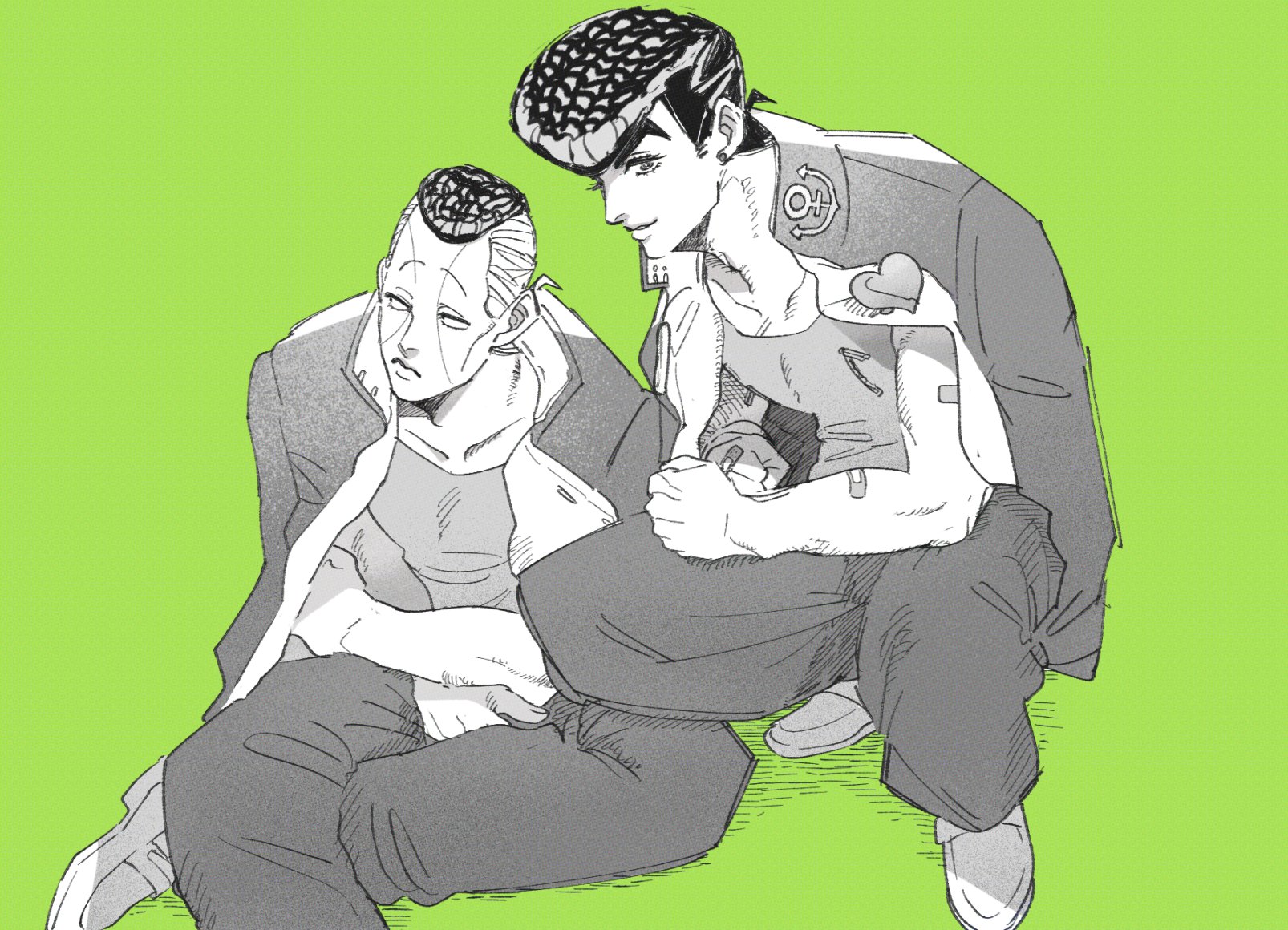 tirauraja, higashikata josuke, nijimura okuyasu, diamond wa kudakenai, jojo no kimyou na bouken, highres, 2boys, adam's apple, anchor symbol, bandaid, bandaid on hand, brooch, closed mouth, collarbone, collared jacket, crew neck, crossed arms, facial mark, gakuran, green background, greyscale with colored background, heart, jacket, jewelry, looking to the side, male focus, multiple boys, open clothes, open jacket, pants, pompadour, popped collar, school uniform, shirt, shoes, short hair, short sideburns, sideways glance, simple background, sitting, smile, squatting, zipper, zipper pull tab