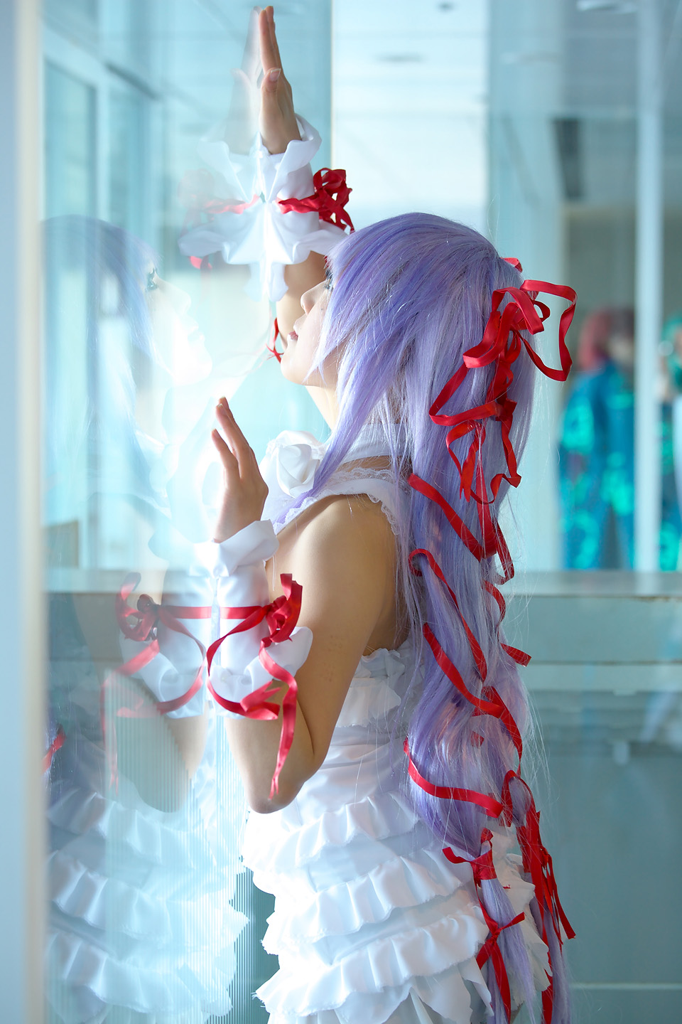 kipi-san, al azif (demonbane), demonbane, highres, photo (medium), 1girl, al azif (cosplay), asian, cosplay, dress, female focus, frills, hair ribbon, purple hair, ribbon, solo, wrist cuffs