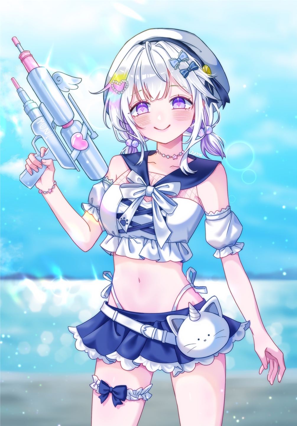 ayatsuno yuni, stellive, super soaker, commentary request, highres, korean commentary, 1girl, arm at side, armband, arnyang (ayatsuno yuni), beret, bikini, blue bow, blue sailor collar, blue skirt, blue sky, blurry, blurry background, blush, bow, bow bikini, bracelet, character name, chum han, closed mouth, cowboy shot, day, depth of field, frilled armband, frilled bikini, frilled thigh strap, frills, grey hair, hair bobbles, hair bow, hair ornament, hat, heart, heart hair ornament, highleg, highleg bikini, holding, holding water gun, jewelry, looking at viewer, medium hair, microskirt, navel, outdoors, parted bangs, purple eyes, sailor bikini, sailor collar, side-tie bikini bottom, skirt, sky, smile, solo, standing, star-shaped pupils, star (symbol), stomach, swimsuit, symbol-shaped pupils, thigh bow, thigh strap, virtual youtuber, water gun, white armband, white bikini, white bow, white hat