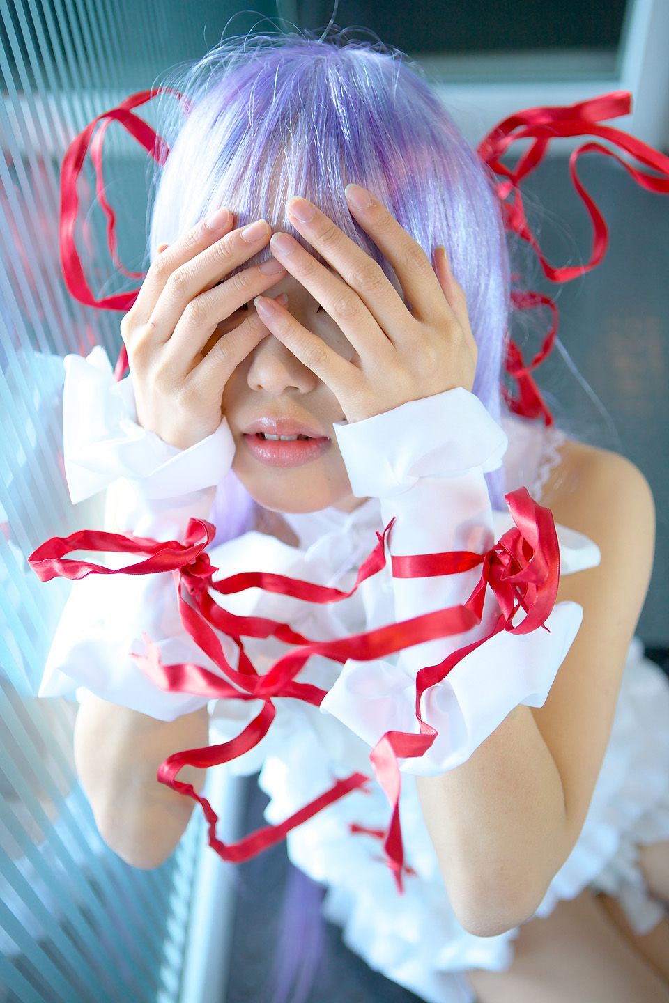 kipi-san, al azif (demonbane), demonbane, highres, photo (medium), 1girl, al azif (cosplay), asian, cosplay, dress, female focus, frills, hair ribbon, purple hair, ribbon, solo, wrist cuffs