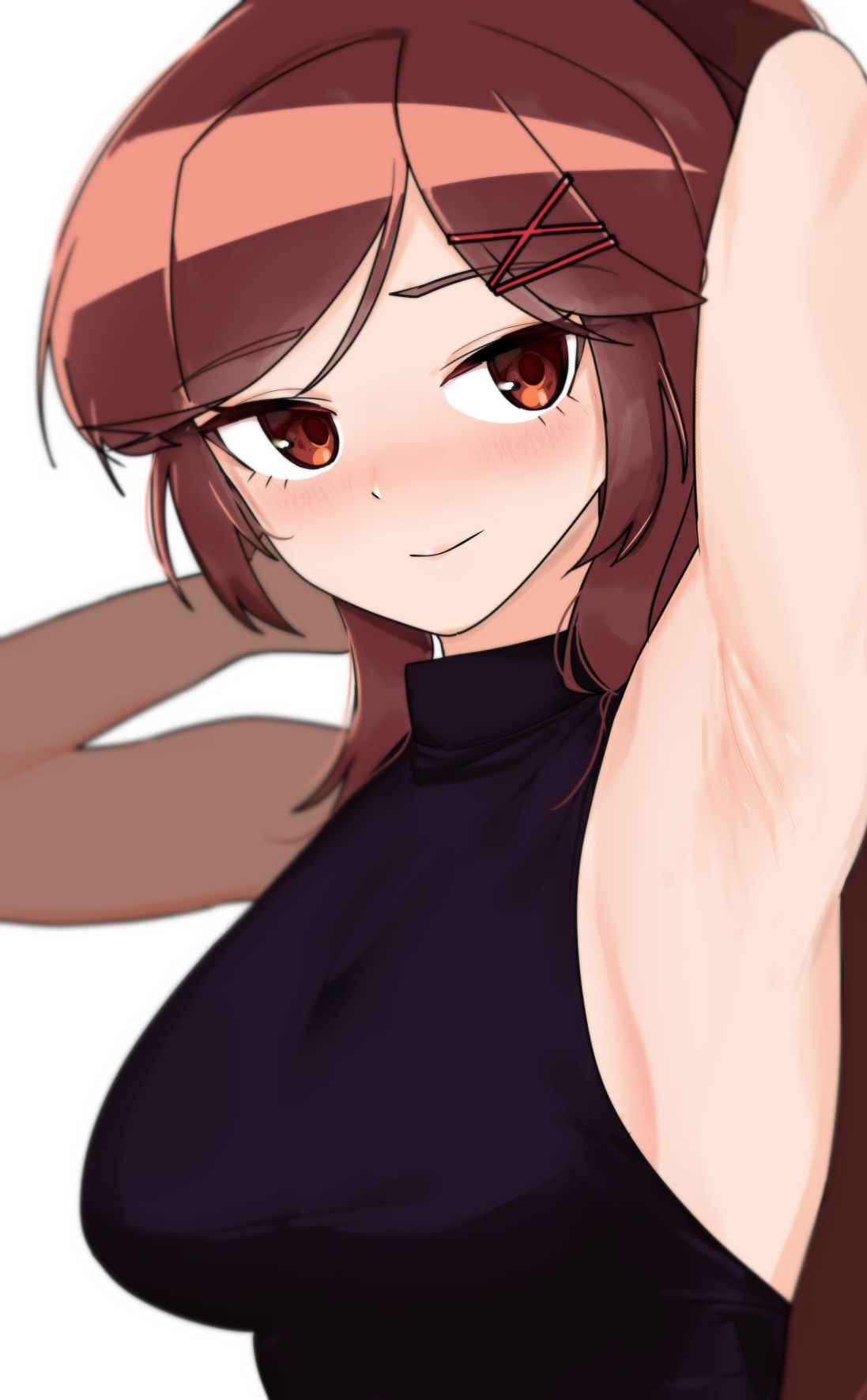 zombie high school, highres, 1girl, armpits, arms behind head, arms up, black shirt, blush, breasts, brown eyes, brown hair, closed mouth, hair ornament, hairclip, jeong ye-seul, large breasts, long hair, looking at viewer, ponytail, presenting armpit, red eyes, shirt, sideboob, simple background, sleeveless, sleeveless shirt, smile, solo, turtleneck, upper body, user jpsj3772, white background, x hair ornament