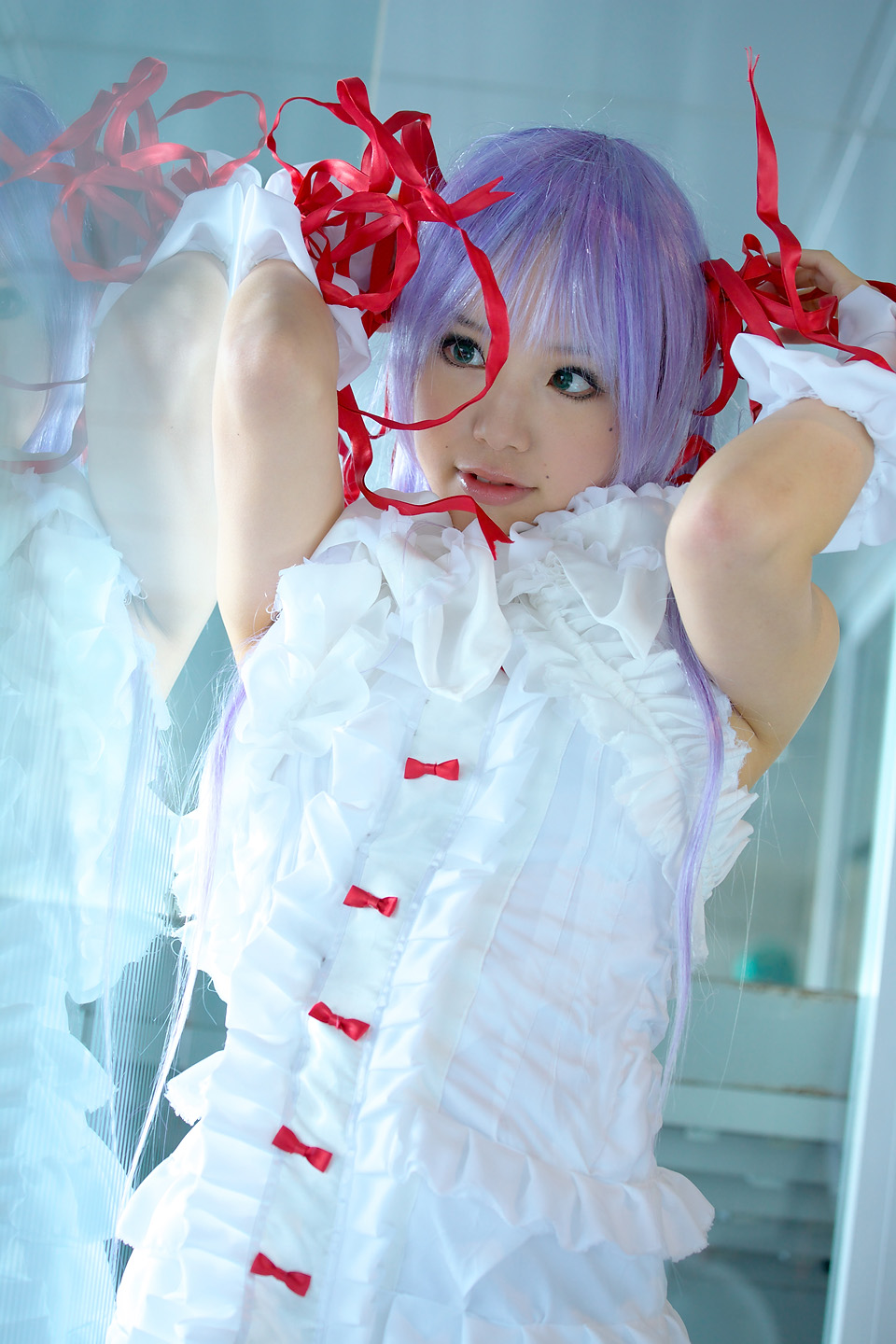 kipi-san, al azif (demonbane), demonbane, highres, photo (medium), 1girl, al azif (cosplay), asian, color contacts, cosplay, cross-eyed, dress, dutch angle, female focus, frills, green eyes, hair ribbon, looking at viewer, mole, purple hair, ribbon, solo, wrist cuffs