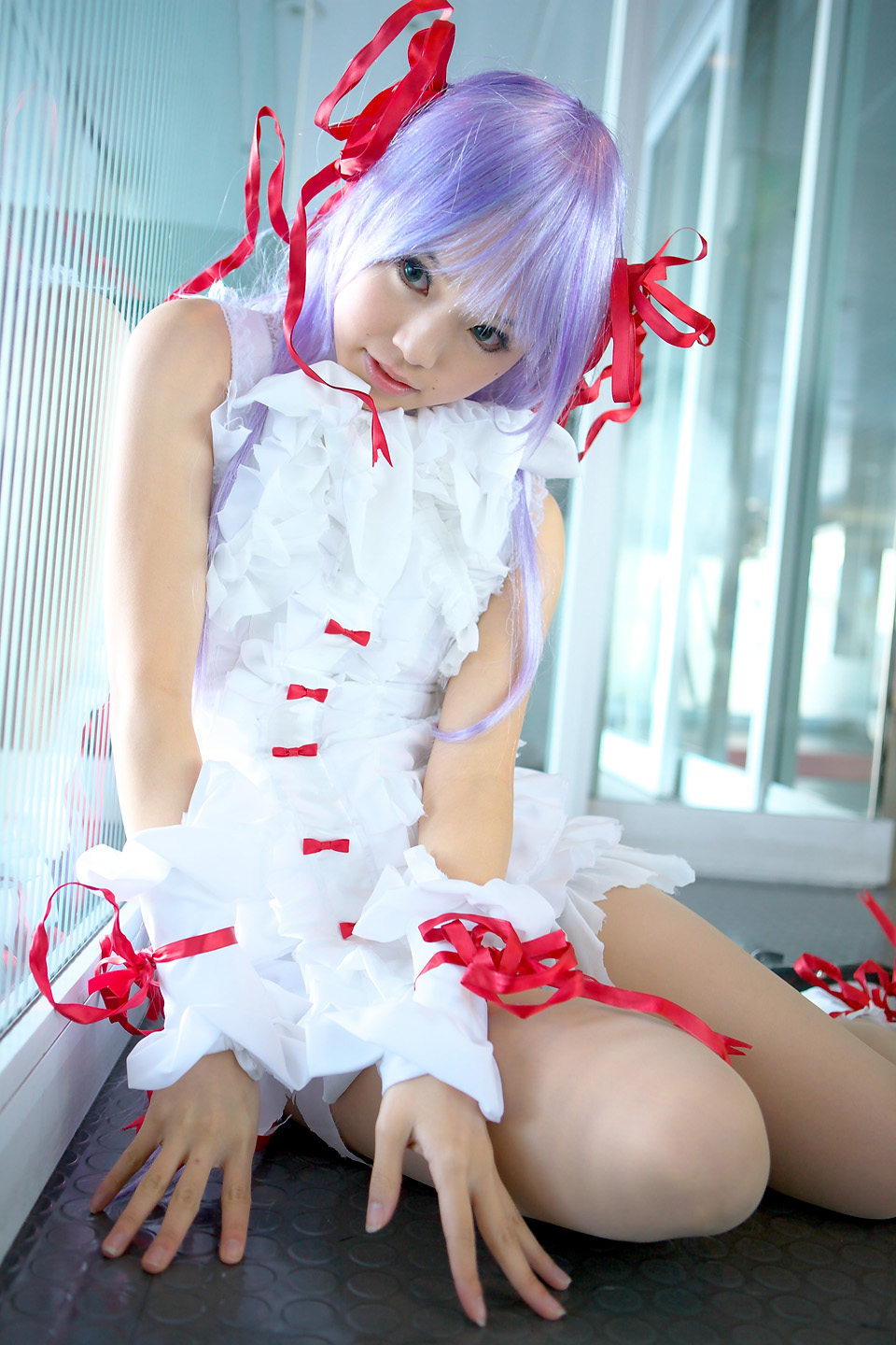 kipi-san, al azif (demonbane), demonbane, highres, photo (medium), 1girl, al azif (cosplay), asian, color contacts, cosplay, dress, female focus, frills, green eyes, hair ribbon, purple hair, ribbon, solo, wrist cuffs