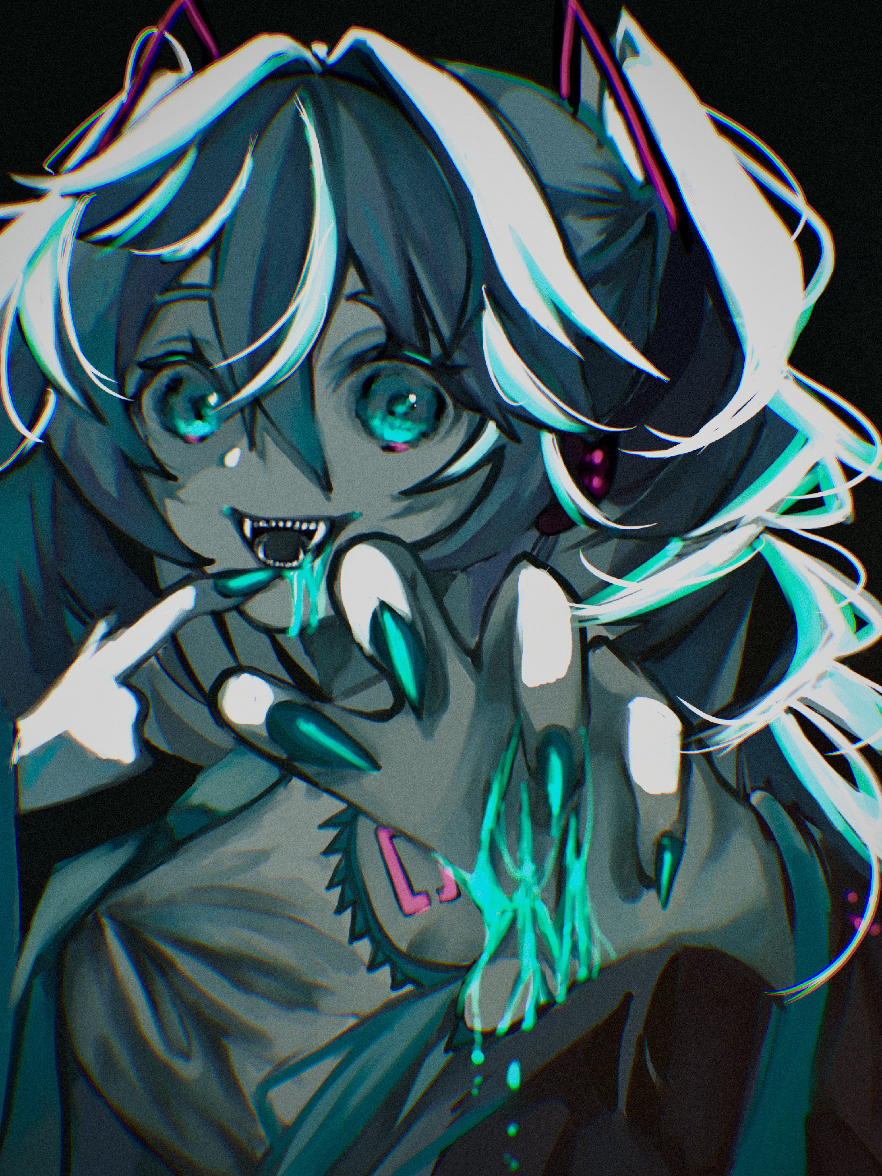 hatsune miku, vocaloid, absurdres, highres, 1girl, aqua eyes, aqua hair, aqua nails, aqua necktie, black background, detached sleeves, dxvt7uhfvu95809, fingernails, grey shirt, hair between eyes, hair ornament, long hair, looking at viewer, nail polish, necktie, open mouth, sharp fingernails, sharp teeth, shirt, simple background, sleeveless, sleeveless shirt, smile, solo, tattoo, teeth, twintails, upper body