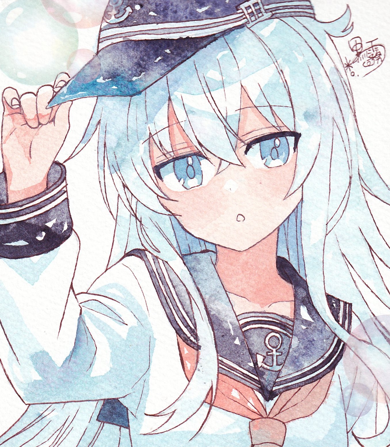 fantasydolce, hibiki (kancolle), kantai collection, commentary, highres, 1girl, blue eyes, hat, hat ornament, looking at viewer, military hat, open mouth, school uniform, serafuku, shirt, signature, simple background, white hair, white shirt