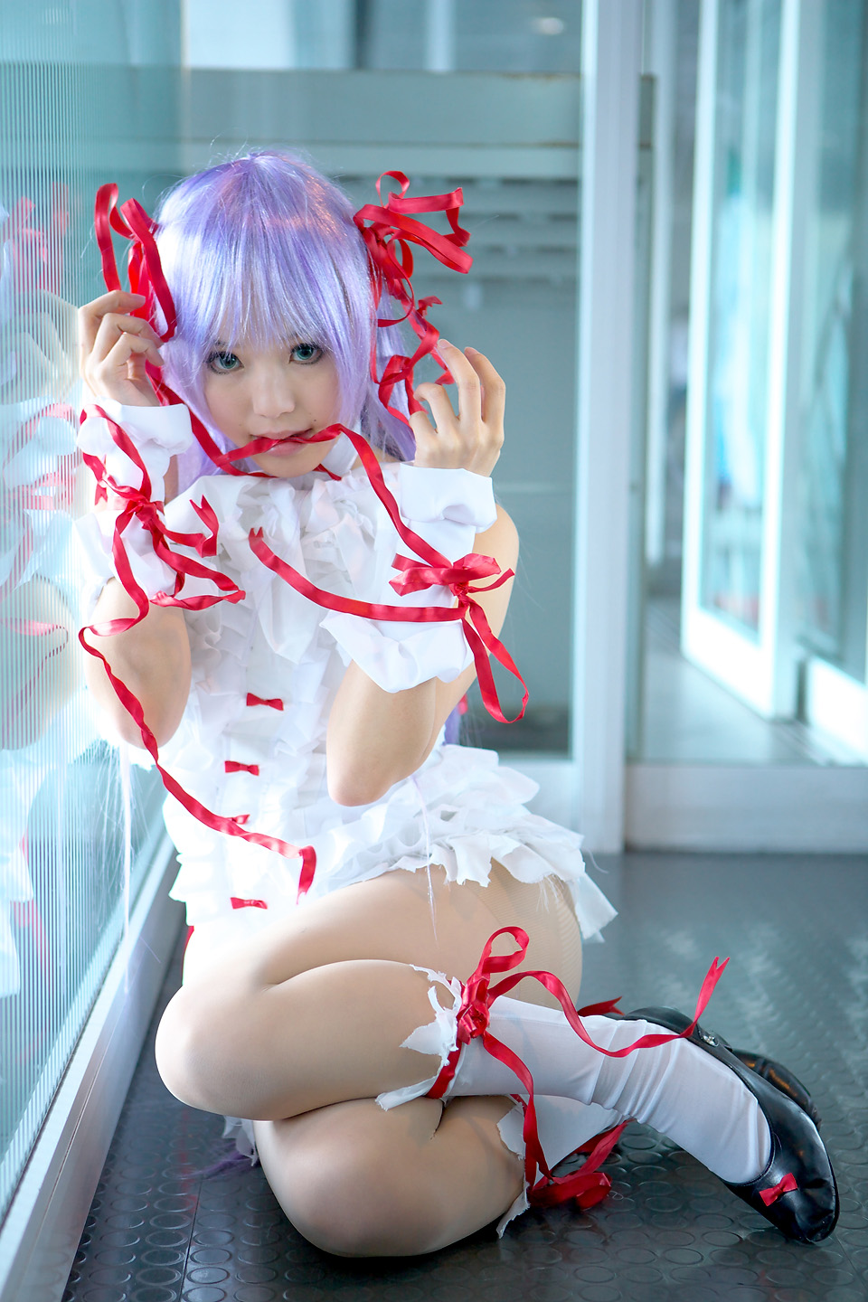 kipi-san, al azif (demonbane), demonbane, highres, photo (medium), 1girl, al azif (cosplay), asian, color contacts, cosplay, dress, female focus, frills, green eyes, hair ribbon, looking at viewer, purple hair, ribbon, socks, solo, wrist cuffs