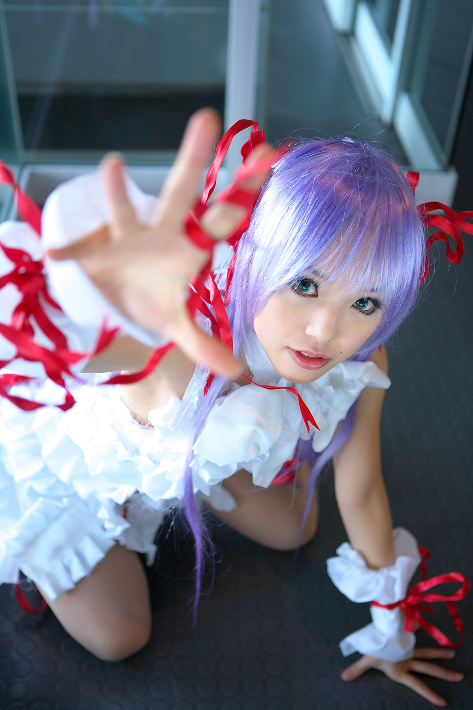 kipi-san, al azif (demonbane), demonbane, highres, photo (medium), 1girl, al azif (cosplay), asian, color contacts, cosplay, dress, female focus, frills, green eyes, hair ribbon, looking at viewer, purple hair, ribbon, solo, wrist cuffs
