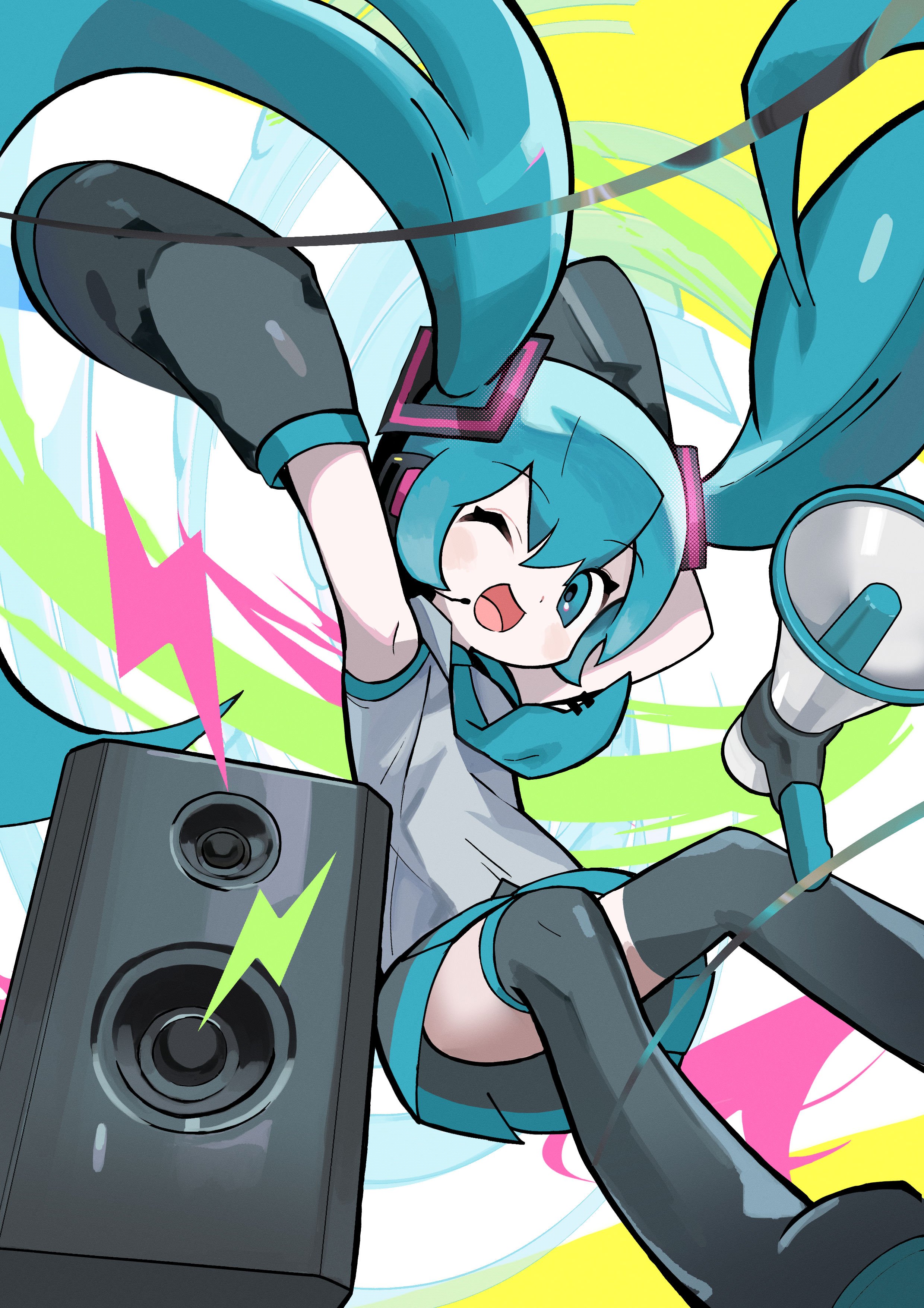 morizo (morizoshop), hatsune miku, vocaloid, absurdres, highres, 1girl, ;d, aqua eyes, aqua hair, aqua necktie, black skirt, black sleeves, black thighhighs, boots, detached sleeves, grey shirt, hair ornament, headphones, long hair, looking at viewer, megaphone, microphone, necktie, one eye closed, open mouth, pleated skirt, shirt, skirt, sleeveless, sleeveless shirt, smile, solo, speaker, thigh boots, thighhighs, twintails, very long hair