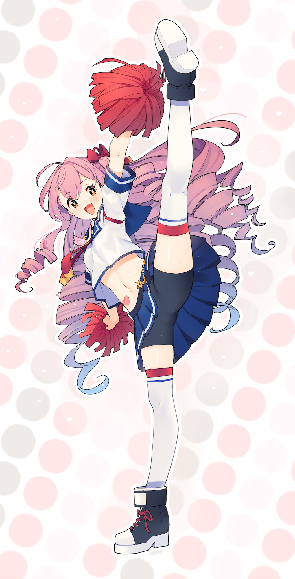 eho (icbm), craven (azur lane), craven (cheerleader on the playground) (azur lane), azur lane, commentary request, highres, 1girl, bike shorts, bike shorts under skirt, black boots, blue hair, blue sailor collar, blue skirt, blush, boots, bow, breasts, cheerleader, crop top, cup, full body, gradient hair, hair bow, holding, holding cup, holding pom poms, leg up, long hair, midriff, multicolored hair, open mouth, orange eyes, pink hair, pleated skirt, pom pom (cheerleading), pom poms, purple hair, red bow, sailor collar, simple background, skirt, small breasts, solo, split, standing, standing on one leg, standing split, stomach, thighhighs, white thighhighs