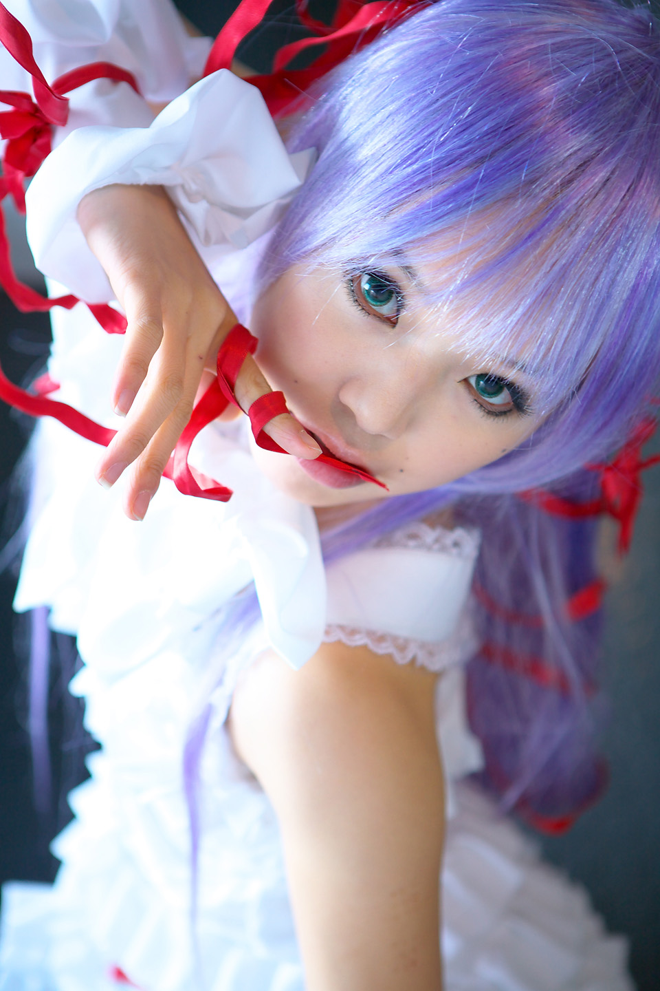 kipi-san, al azif (demonbane), demonbane, highres, photo (medium), 1girl, al azif (cosplay), asian, color contacts, cosplay, dress, female focus, frills, green eyes, hair ribbon, looking at viewer, purple hair, ribbon, solo, wrist cuffs
