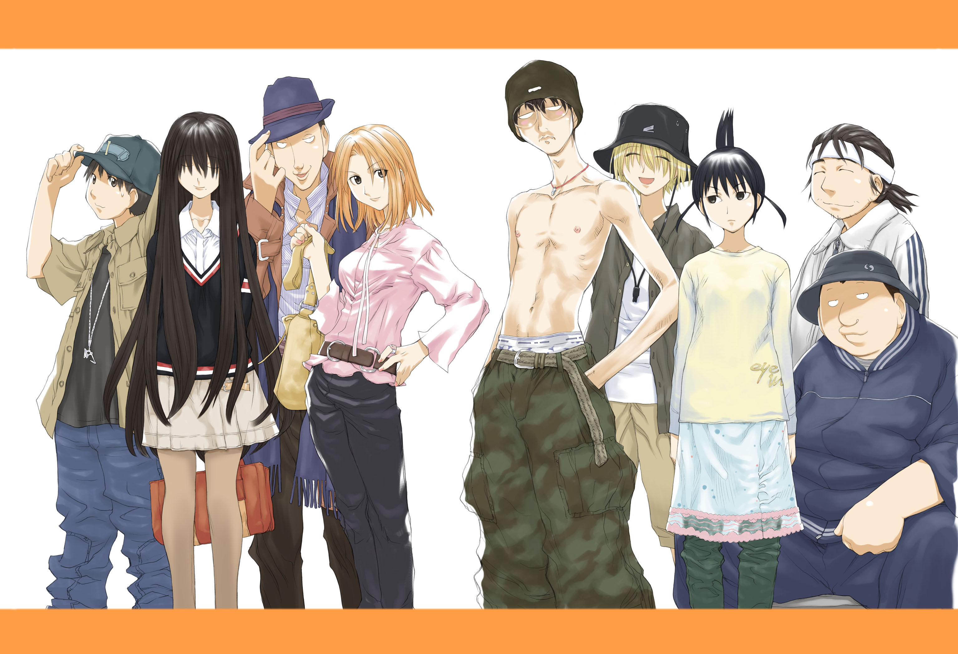 kio shimoku, kasukabe saki, kousaka makoto, kuchiki manabu, kugayama mitsunori, madarame harunobu, ogiue chika, sasahara kanji, tanaka souichirou, genshiken, highres, scan, 3girls, 6+boys, adjusting clothes, adjusting headwear, arms behind back, bag, bandana, belt, belt buckle, black hair, black hat, black pants, black shirt, blonde hair, blue pants, blue scarf, blue skirt, breast pocket, breasts, briefs, brown bag, brown belt, brown coat, bucket hat, buckle, closed eyes, closed mouth, coat, collared shirt, double chin, everyone, expressionless, eyes visible through hair, fashion, fat, fat man, glasses, green pants, green shirt, grey skirt, hair over eyes, hand on own hip, hand up, hands in pockets, hat, headband, holding, holding bag, jacket, jewelry, letterboxed, light smile, long bangs, long hair, long scarf, long sleeves, looking at viewer, male underwear, medium breasts, mole, mole under mouth, multiple boys, multiple girls, navel, ohno kanako, open clothes, open mouth, open shirt, orange hair, otaku, oversized clothes, pants, pantyhose, parody, partially unbuttoned, pendant, pink shirt, pocket, round eyewear, scarf, school uniform, shirt, short hair, short sleeves, shorts, skinny, skirt, skousers, standing, sweatband, sweatdrop, topknot, topless male, track jacket, unbuttoned, undershirt, underwear, very long hair, white background, white headband, white shirt