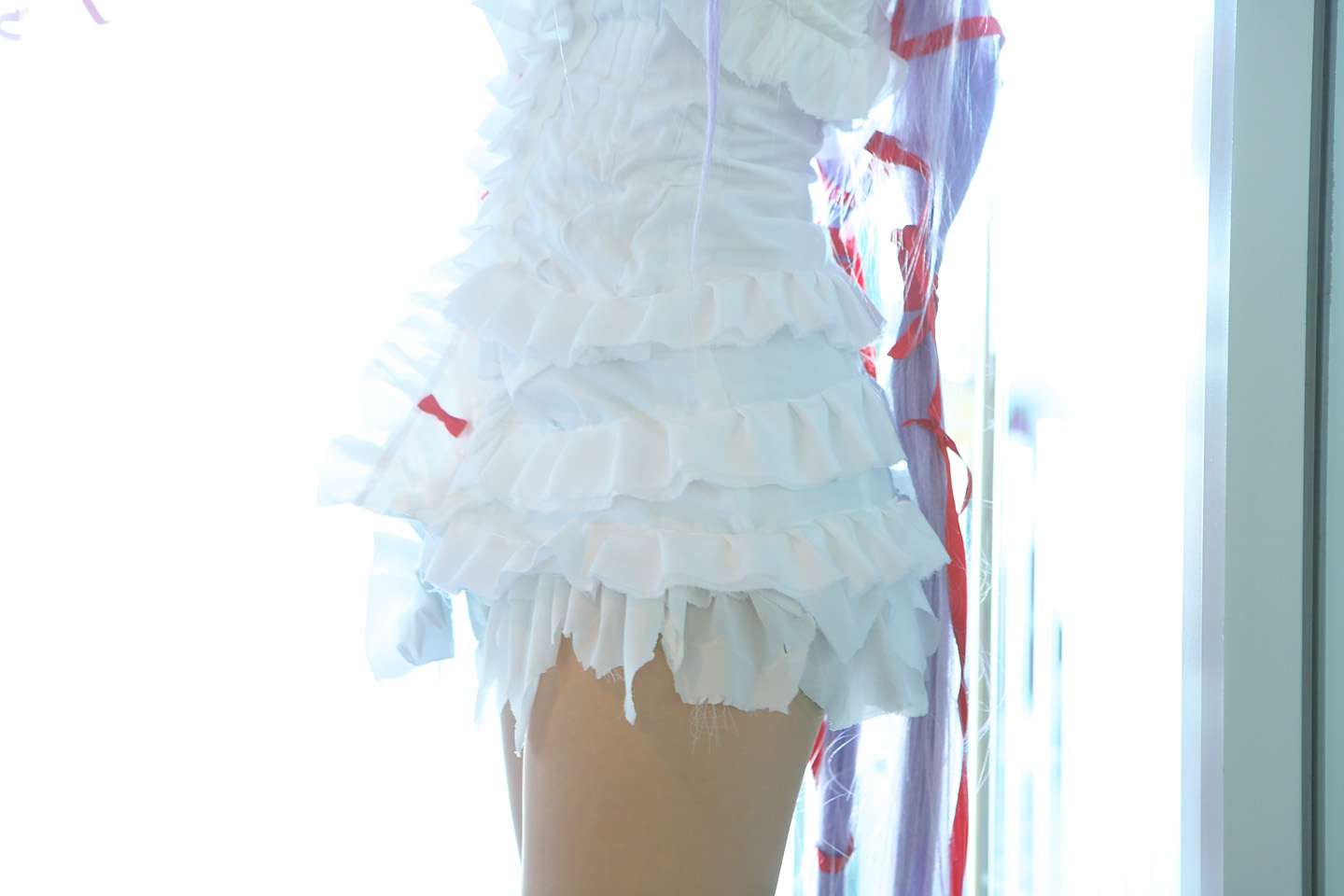 kipi-san, al azif (demonbane), demonbane, photo (medium), 1girl, al azif (cosplay), asian, cosplay, dress, female focus, frills, hair ribbon, legs, long hair, purple hair, ribbon, short dress, solo, very long hair, white dress