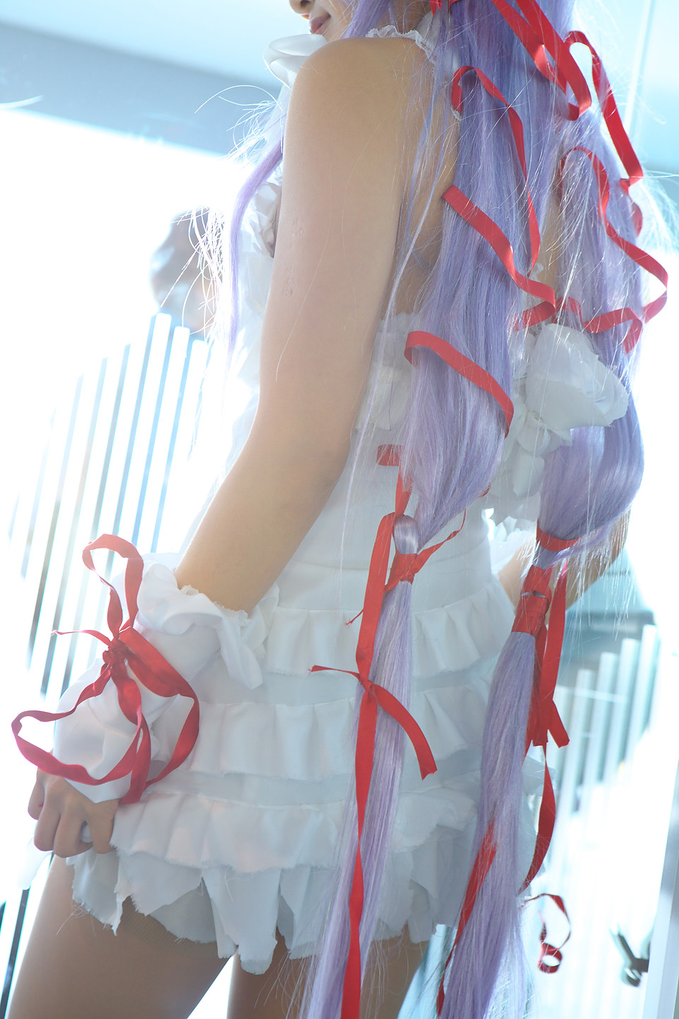 kipi-san, al azif (demonbane), demonbane, highres, photo (medium), 1girl, al azif (cosplay), asian, back, cosplay, dress, female focus, frills, hair ribbon, long hair, purple hair, ribbon, short dress, solo, very long hair, white dress, wrist cuffs