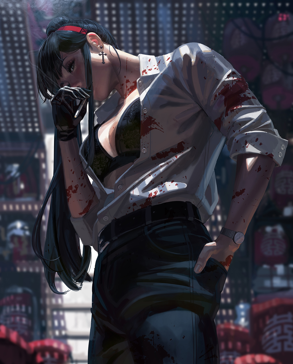 guweiz, original, commentary, highres, symbol-only commentary, 1girl, belt, black belt, black bra, black gloves, black hair, black pants, blood, blood on arm, blood on clothes, bra, breasts, collared shirt, cross, cross earrings, dress shirt, earrings, gloves, hairband, hand in pocket, hand up, holding, jewelry, lantern, latin cross, long hair, medium breasts, pants, paper lantern, partially unbuttoned, red hairband, shirt, single glove, solo, standing, underwear, very long hair, watch, white shirt, wristwatch