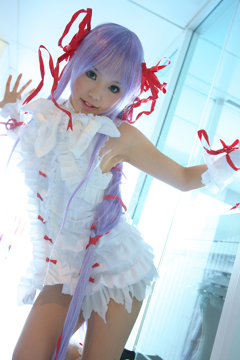 kipi-san, al azif (demonbane), demonbane, highres, photo (medium), 1girl, al azif (cosplay), asian, color contacts, cosplay, dress, dutch angle, female focus, frills, green eyes, hair ribbon, indoors, looking at viewer, purple hair, ribbon, short dress, solo, wrist cuffs