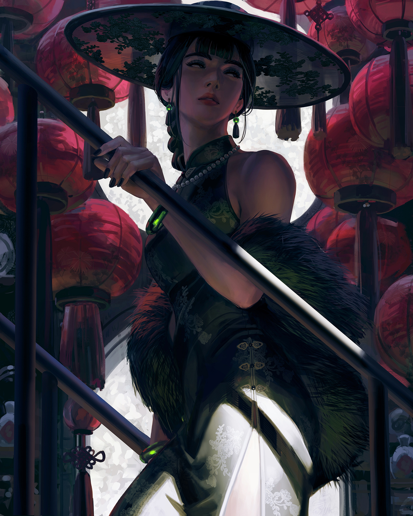 guweiz, original, chinese commentary, highres, 1girl, bare shoulders, black dress, black hair, black hat, black nails, braid, breasts, dress, earrings, feather boa, hand up, handrail, hat, jewelry, lantern, long hair, looking back, medium breasts, nail polish, necklace, paper lantern, pearl necklace, red lips, side slit, sleeveless, sleeveless dress, solo
