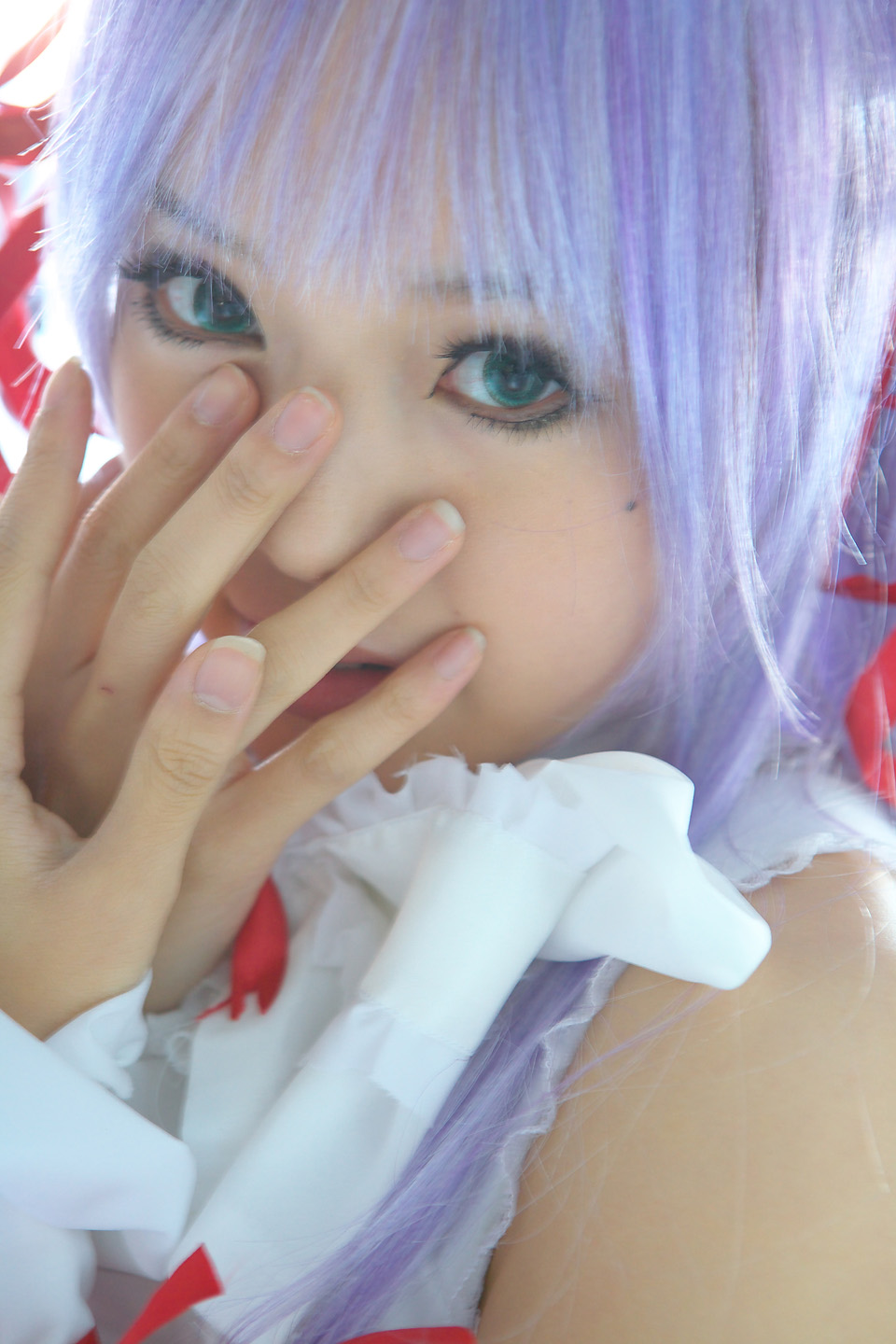 kipi-san, al azif (demonbane), demonbane, highres, photo (medium), 1girl, al azif (cosplay), asian, color contacts, cosplay, dress, female focus, frills, green eyes, hair ribbon, looking at viewer, purple hair, ribbon, solo, wrist cuffs
