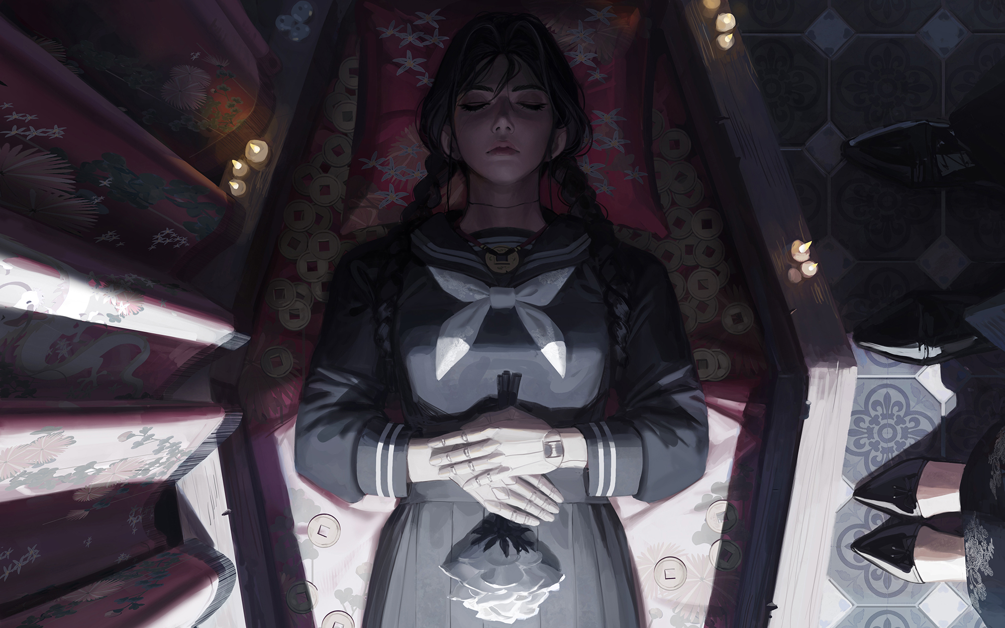 guweiz, original, highres, 3girls, android, black dress, black hair, black pants, black sailor collar, black serafuku, black shirt, black shoes, black skirt, braid, candle, china dress, chinese clothes, closed eyes, closed mouth, coffin, coin, dress, fire, flower, holed coin, long hair, low twintails, lying, multiple girls, neckerchief, on back, own hands together, pants, pillow, pleated skirt, rose, sailor collar, school uniform, serafuku, shirt, shoes, skirt, twin braids, twintails, white flower, white neckerchief, white rose