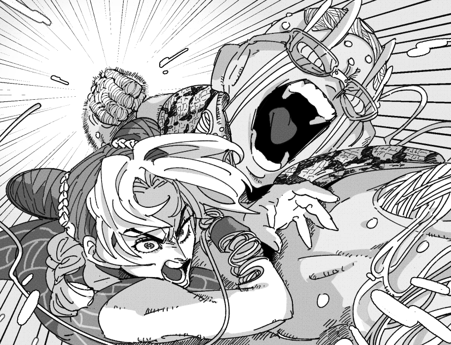 tirauraja, kuujou jolyne, stand (jojo), stone free, jojo no kimyou na bouken, stone ocean, commentary request, 1girl, 1other, arm up, bare shoulders, clenched hand, curtained hair, double bun, fingernails, floating hair, greyscale, hair bun, monochrome, open mouth, shirt, shouting, spider web print, string, teeth, upper body, v-shaped eyebrows, wide-eyed