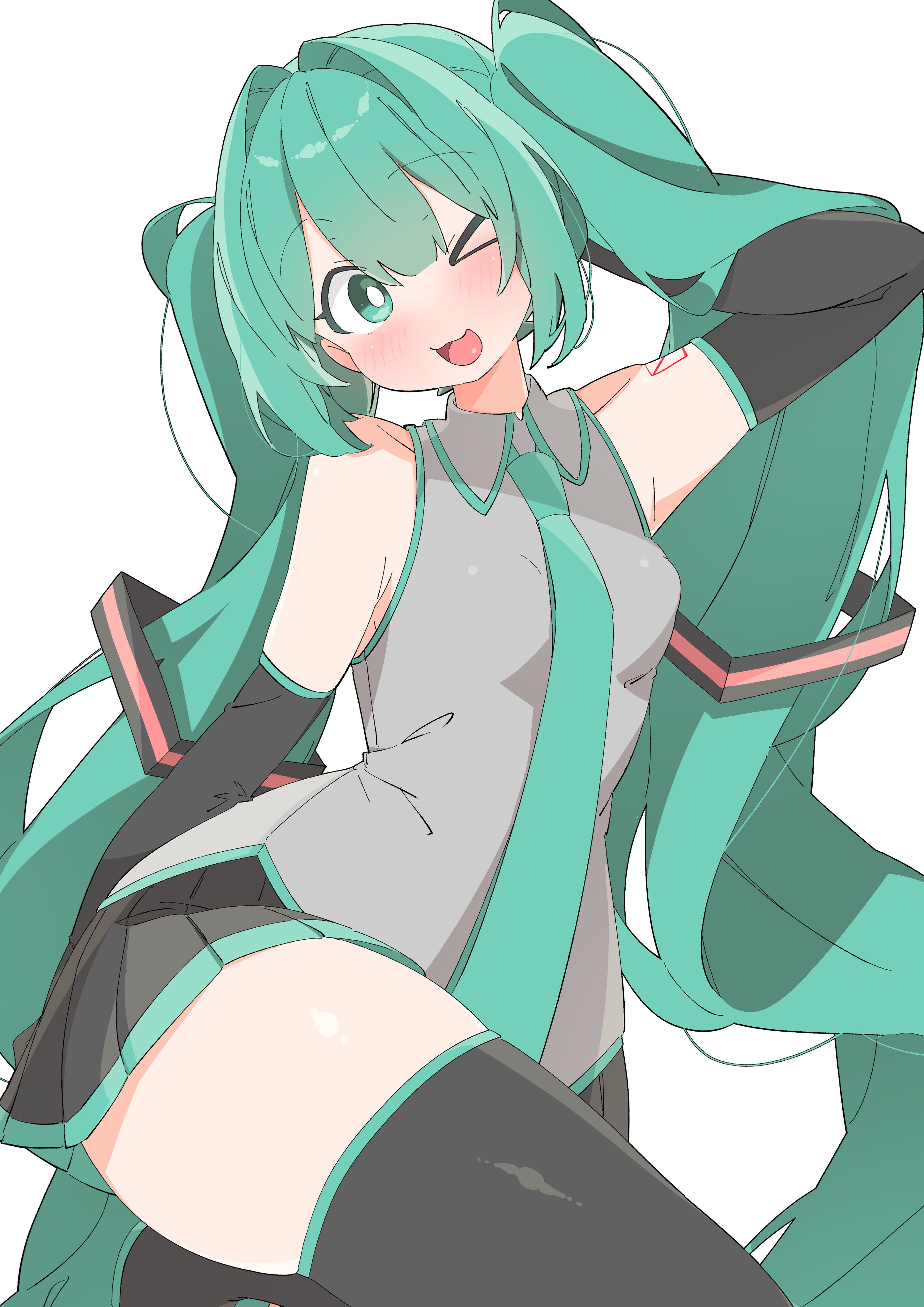 uruti 2388, hatsune miku, vocaloid, absurdres, highres, > o, 1girl, aqua eyes, aqua hair, aqua necktie, bare shoulders, black skirt, black thighhighs, blush, boots, breasts, bright pupils, collared shirt, detached sleeves, green eyes, green hair, grey shirt, long hair, looking at viewer, miniskirt, necktie, one eye closed, open mouth, pleated skirt, shirt, simple background, skirt, sleeveless, sleeveless shirt, smile, solo, tattoo, thigh boots, thighhighs, thighs, twintails, very long hair, white background, white pupils, zettai ryouiki