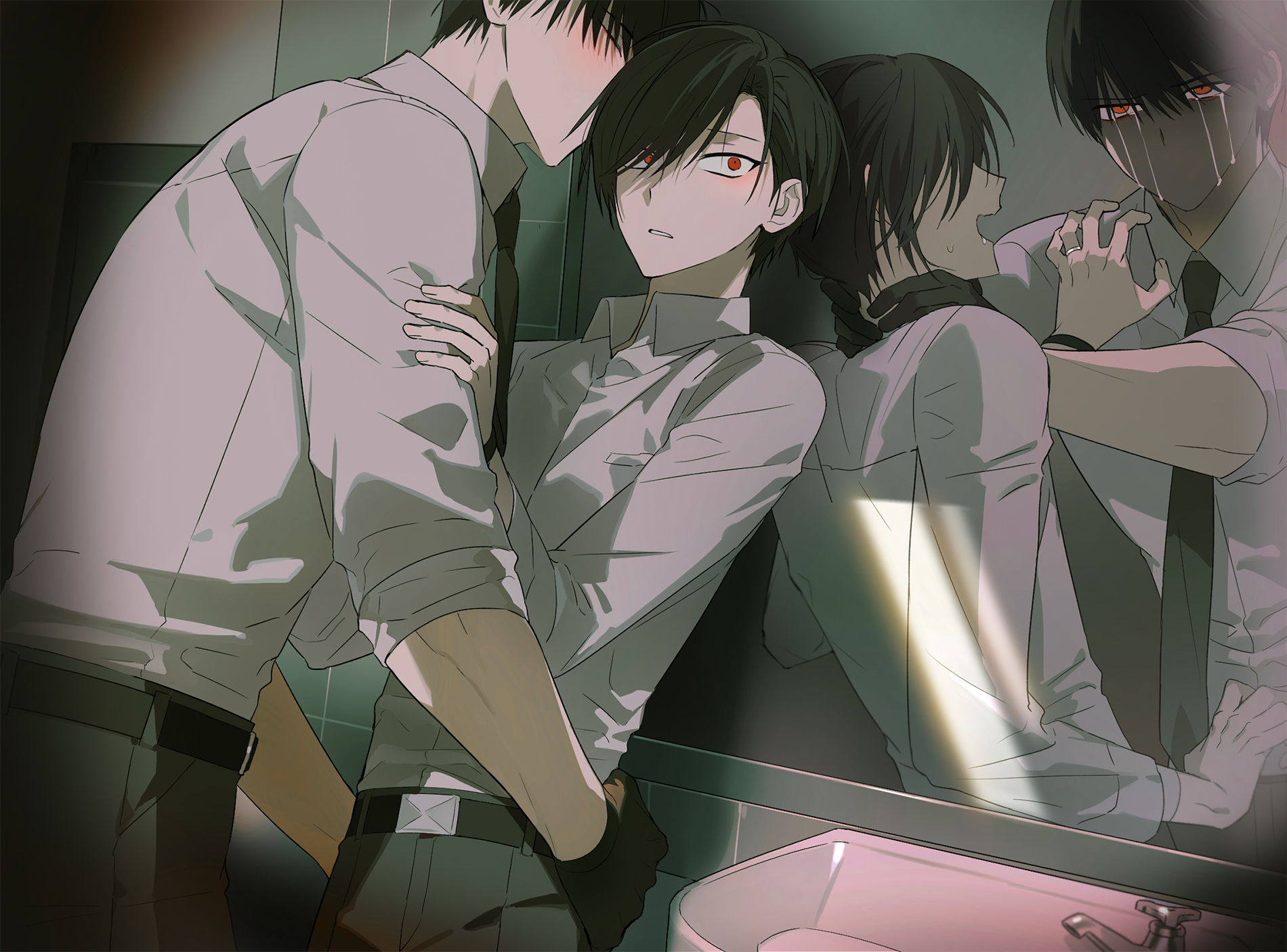 oosaki (ooe), ooe (game), highres, 2boys, ariake (ooe), bathroom, belt, black belt, black gloves, black hair, black necktie, black pants, braid, collared shirt, crying, crying with eyes open, gloves, hair over eyes, hair over one eye, indoors, llikothcihw, male focus, mirror, multiple boys, necktie, open mouth, pants, red eyes, reflection, shirt, short hair, sink, sleeves rolled up, standing, tears, white shirt