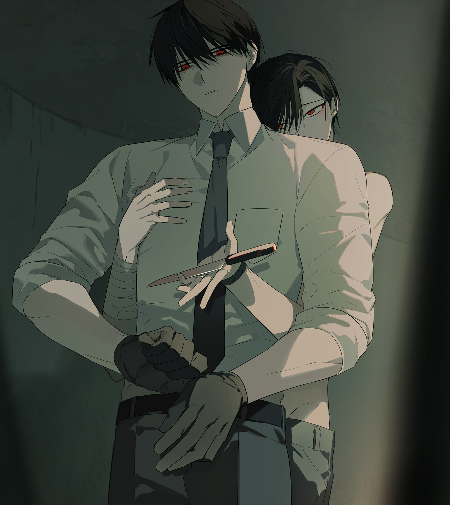 oosaki (ooe), ooe (game), highres, 2boys, ariake (ooe), bandaged arm, bandages, black gloves, black hair, black necktie, black pants, collared shirt, dual persona, gloves, hair between eyes, holding, holding knife, hug, hug from behind, knife, llikothcihw, looking at viewer, male focus, multiple boys, necktie, pants, pocket, red eyes, shirt, short hair, single glove, sleeves rolled up, white shirt, yaoi