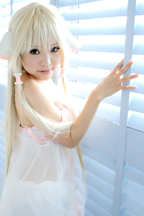kipi-san, chii, chobits, photo (medium), 1girl, asian, babydoll, blonde hair, bloomers, bra, chii (cosplay), cosplay, female focus, indoors, lingerie, looking at viewer, pantyhose, persocom, solo, underwear