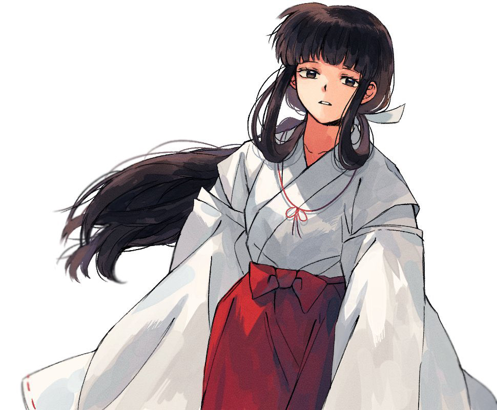 matchi (ginger.8), kikyou (inuyasha), inuyasha, 1girl, arms at sides, black eyes, black hair, blunt bangs, breasts, cowboy shot, japanese clothes, kariginu, long hair, long skirt, long sleeves, looking ahead, miko, motoyui, parted lips, ponytail, red skirt, ribbon-trimmed sleeves, ribbon trim, shirt, sidelocks tied back, simple background, skirt, small breasts, solo, very long hair, white background, white shirt, wide sleeves, wind