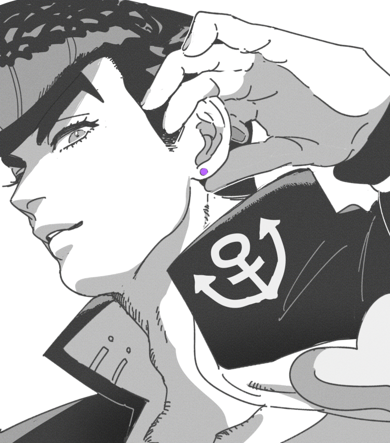 tirauraja, higashikata josuke, diamond wa kudakenai, jojo no kimyou na bouken, commentary request, 1boy, adam's apple, anchor symbol, arm up, brooch, collared jacket, earrings, eyelashes, fingernails, greyscale, heart, jacket, jewelry, looking to the side, male focus, monochrome, open clothes, open jacket, parted lips, piercing, pompadour, popped collar, portrait, simple background, solo, spot color, stud earrings, teeth, thick eyebrows, white background