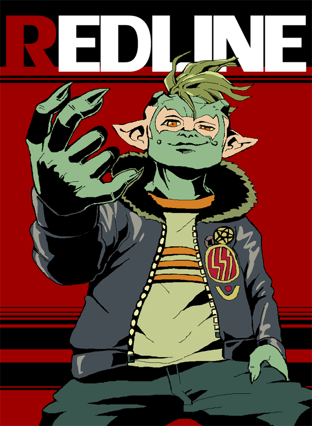 hoshi mitsuru, redline, commentary request, partial commentary, 1boy, black background, brown hair, brown shirt, closed mouth, colored skin, copyright name, cowboy shot, fingernails, foreshortening, frisbee (redline), fur-trimmed jacket, fur trim, green pants, green skin, grey jacket, half-closed eye, hand on own leg, hand up, horns, jacket, legs apart, long fingernails, long pointy ears, long sleeves, looking at viewer, male focus, multicolored skin, open clothes, open jacket, outstretched arm, pants, patch, pink skin, pointy ears, red background, red eyes, sharp fingernails, shirt, short hair, simple background, smirk, smug, solo, standing, two-tone background, two-tone skin, zipper