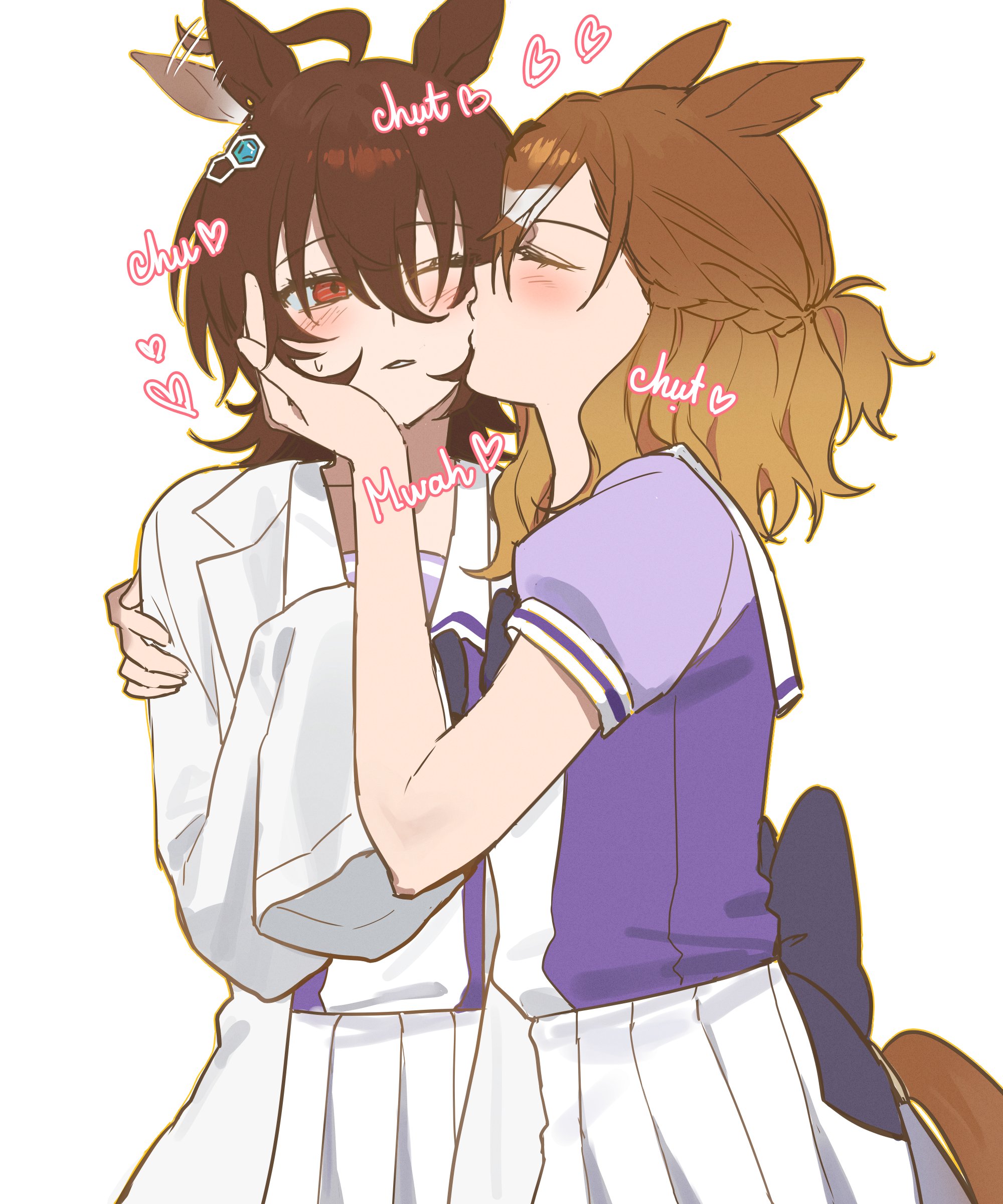 agnes tachyon (umamusume), jungle pocket (umamusume), umamusume, absurdres, commentary, highres, 2girls, animal ears, braid, brown hair, closed eyes, coat, ffushii09, half up braid, hand on another's arm, heart, horse ears, horse girl, horse tail, kiss, kissing cheek, lab coat, medium hair, multiple girls, one eye closed, parted lips, pleated skirt, purple shirt, red eyes, school uniform, shirt, simple background, skirt, tail, tracen school uniform, white background, white coat, white skirt, yuri