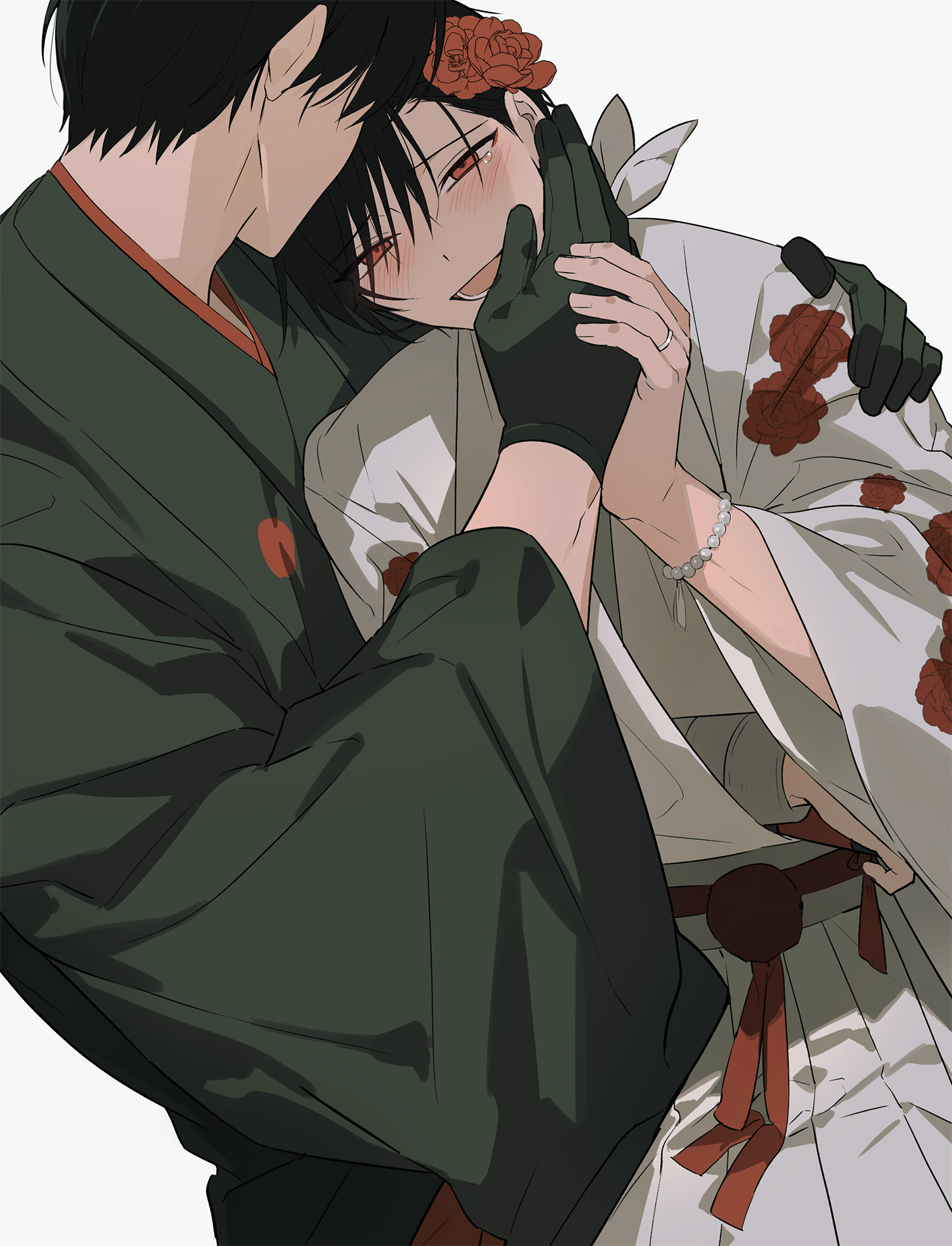 oosaki (ooe), ooe (game), highres, 2boys, ariake (ooe), bead bracelet, beads, black gloves, black hair, blush, bracelet, floral print, flower, gloves, hair flower, hair ornament, hand on another's cheek, hand on another's face, japanese clothes, jewelry, kimono, llikothcihw, long sleeves, male focus, multiple boys, open mouth, red eyes, red flower, ring, short hair, simple background, smile, white background, wide sleeves, yaoi