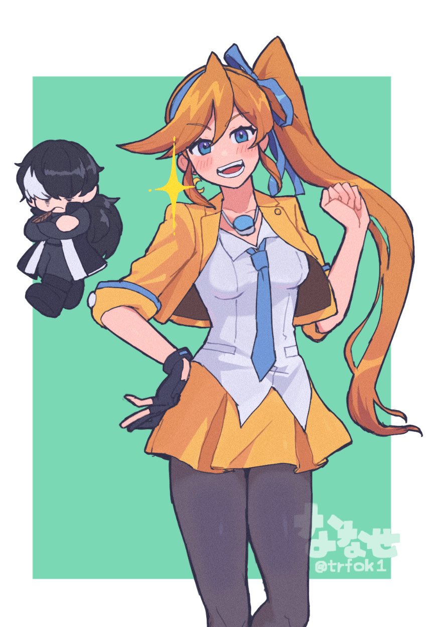 nanase (trfok1), athena cykes, simon blackquill, ace attorney, highres, 1boy, 1girl, :d, black hair, black pants, black pantyhose, black shoes, blue bow, blue hairband, blue necktie, blush, bow, bow hairband, chibi, chibi inset, crescent, crescent earrings, cropped jacket, crossed arms, earrings, feather in mouth, gloves, hair bow, hair over eyes, hairband, hand on own hip, jacket, jewelry, long hair, looking at viewer, multicolored hair, necklace, necktie, open mouth, orange hair, pants, pantyhose, partially fingerless gloves, shirt, shoes, side ponytail, simple background, single earring, single glove, skirt, smile, teeth, two-tone hair, white hair, white shirt, yellow jacket, yellow skirt