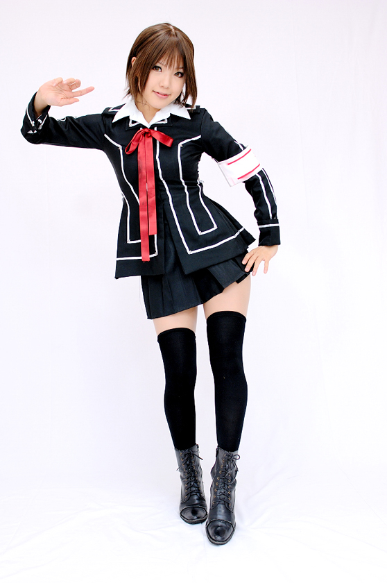 kipi-san, kurosu yuuki, vampire knight, photo (medium), 1girl, armband, asian, boots, brown eyes, brown hair, cosplay, female focus, kurosu yuuki (cosplay), looking at viewer, school uniform, serafuku, short hair, simple background, solo, thighhighs, white background, zettai ryouiki