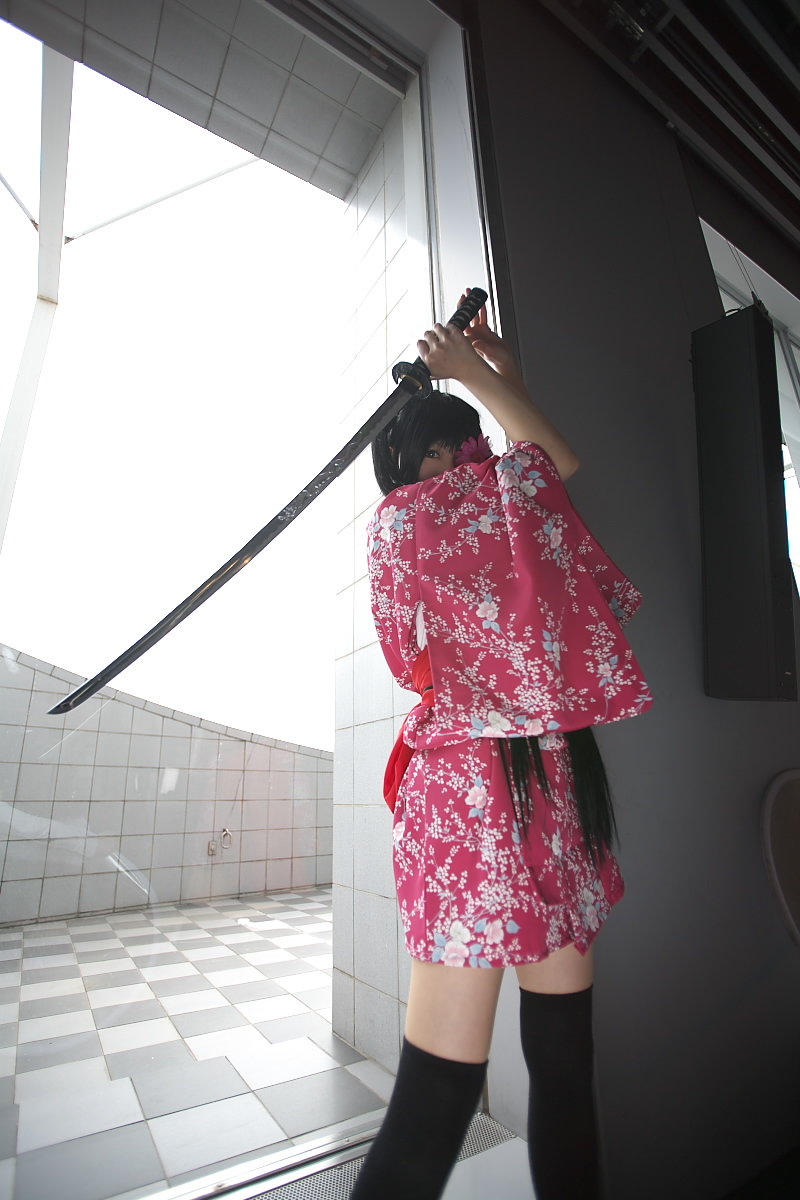 saya (cosplayer), yagyuu kyuubei, gintama, highres, photo (medium), cosplay, eyepatch, flower eyepatch