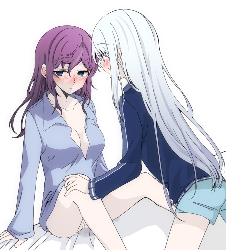 hachi-kun, asahina mafuyu, yoisaki kanade, project sekai, commentary, 2girls, blue eyes, blue jacket, blue shirt, blue shorts, blush, breasts, cleavage, collarbone, hand on another's knee, jacket, large breasts, long sleeves, looking at another, multiple girls, parted lips, purple hair, pussy juice, pussy juice stain, shirt, shorts, simple background, speech bubble, white background, yuri